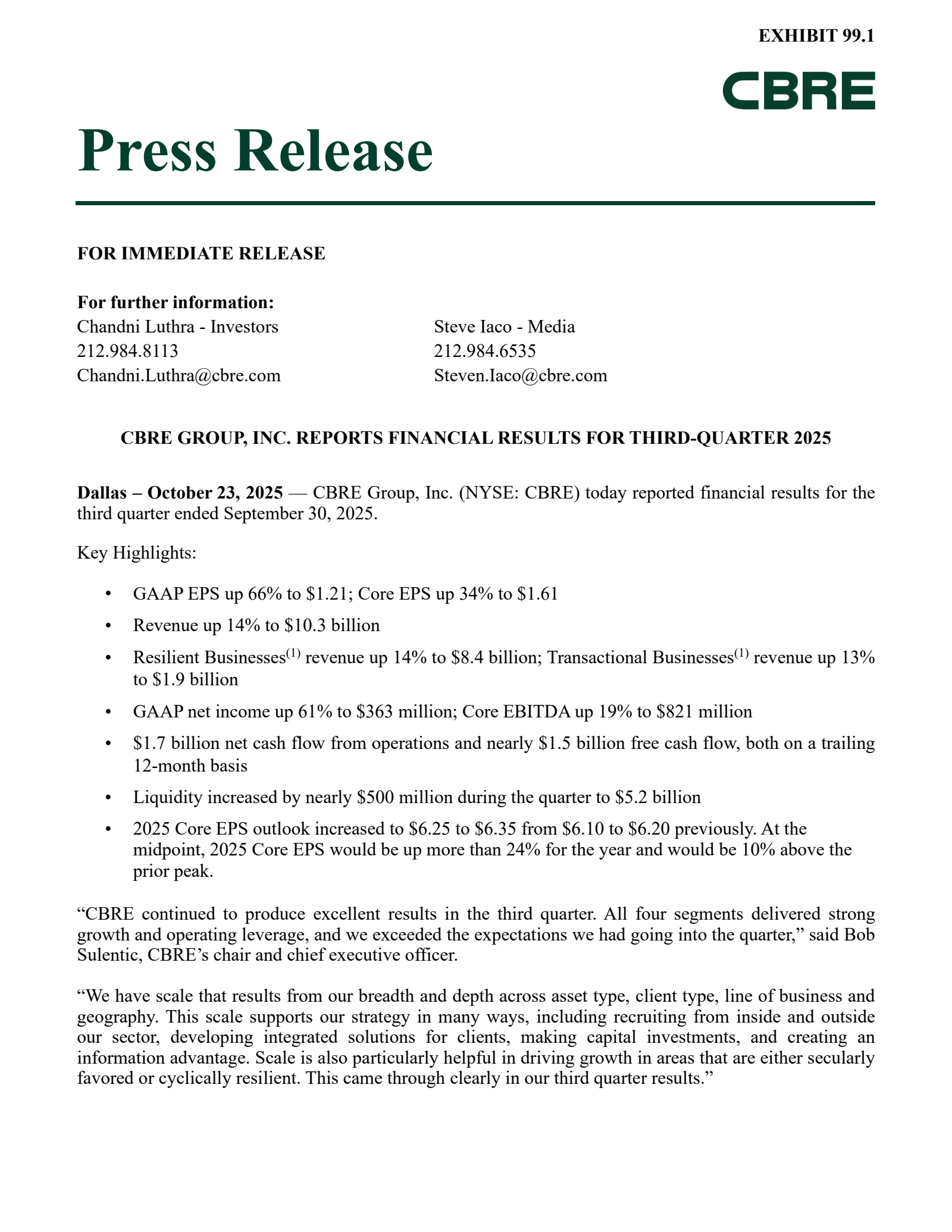 CBRE Group's Q3 2025 Earnings Release