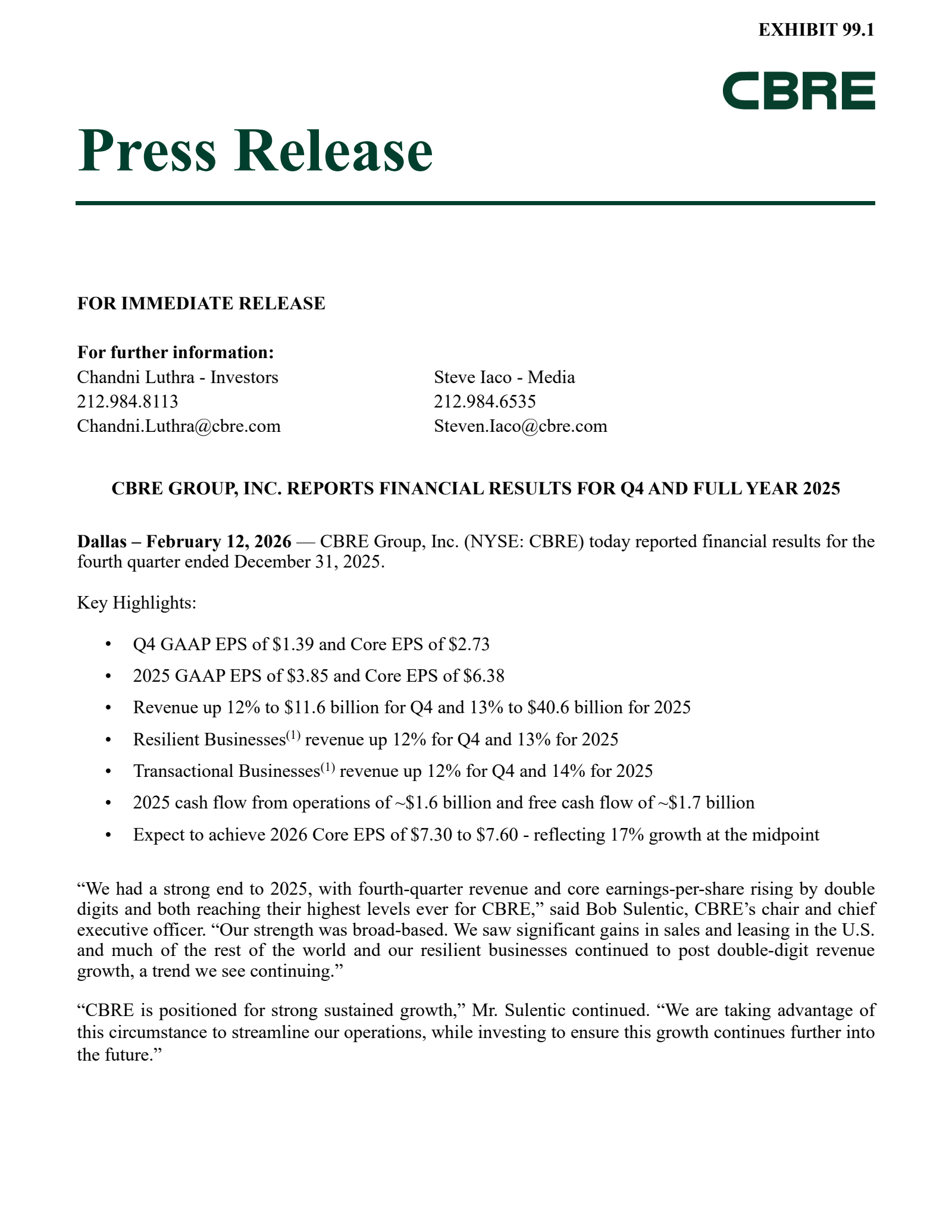 CBRE Group's Q4 2025 Press Release