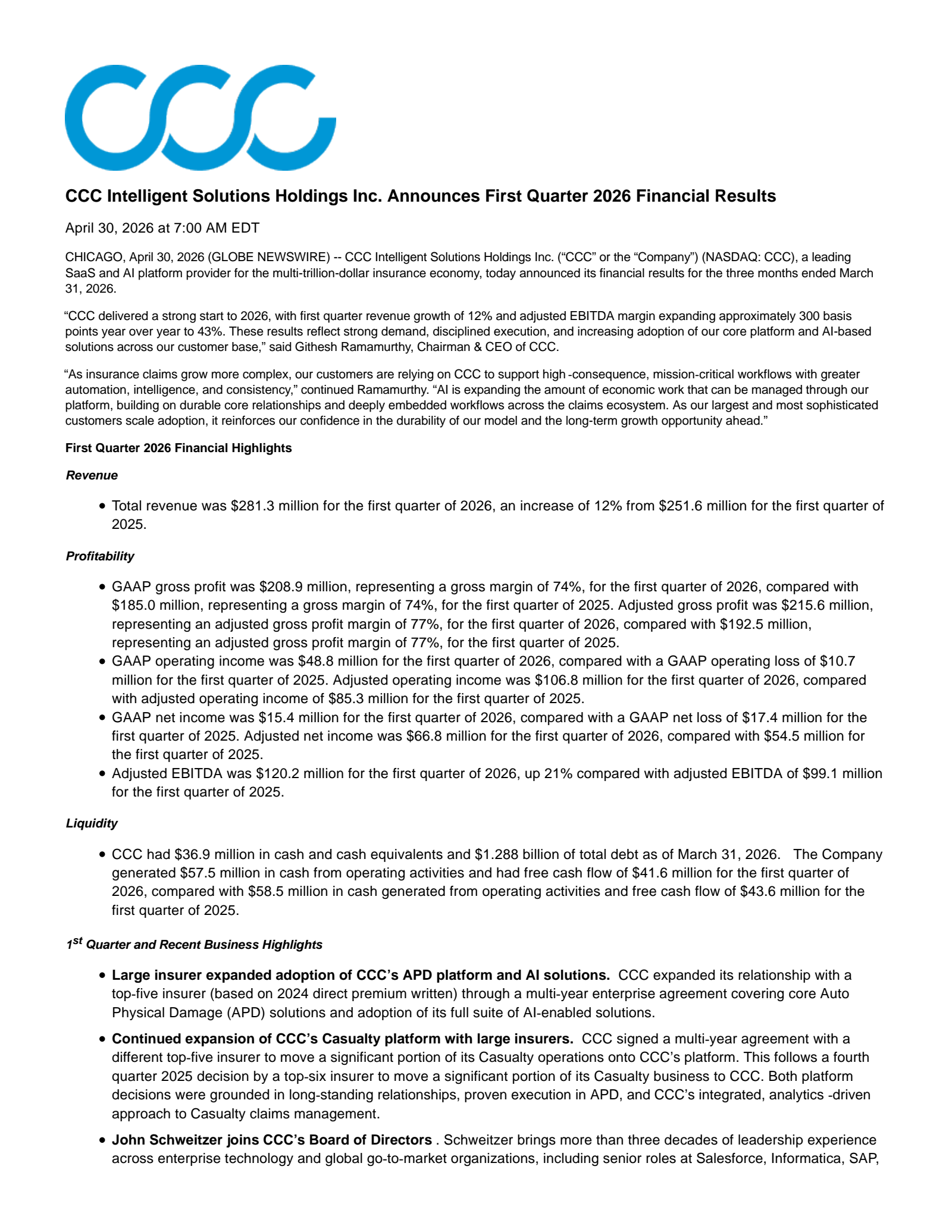 CCC Q1 2026 Earnings Report on 4/30/2026