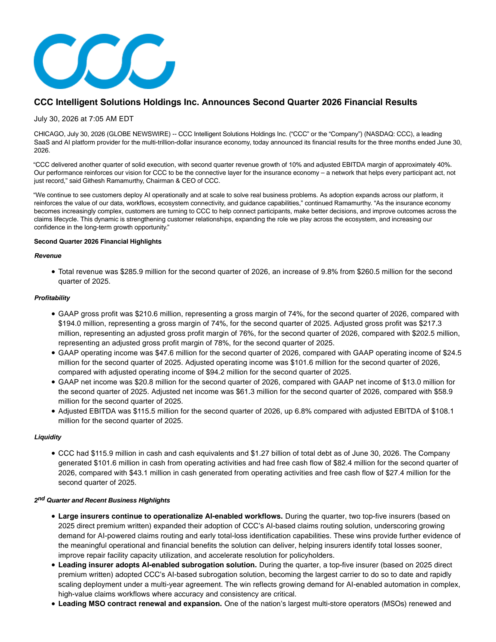 CCC Intelligent Solutions Holdings Inc. Common Stock's Q2 2026 Press Release