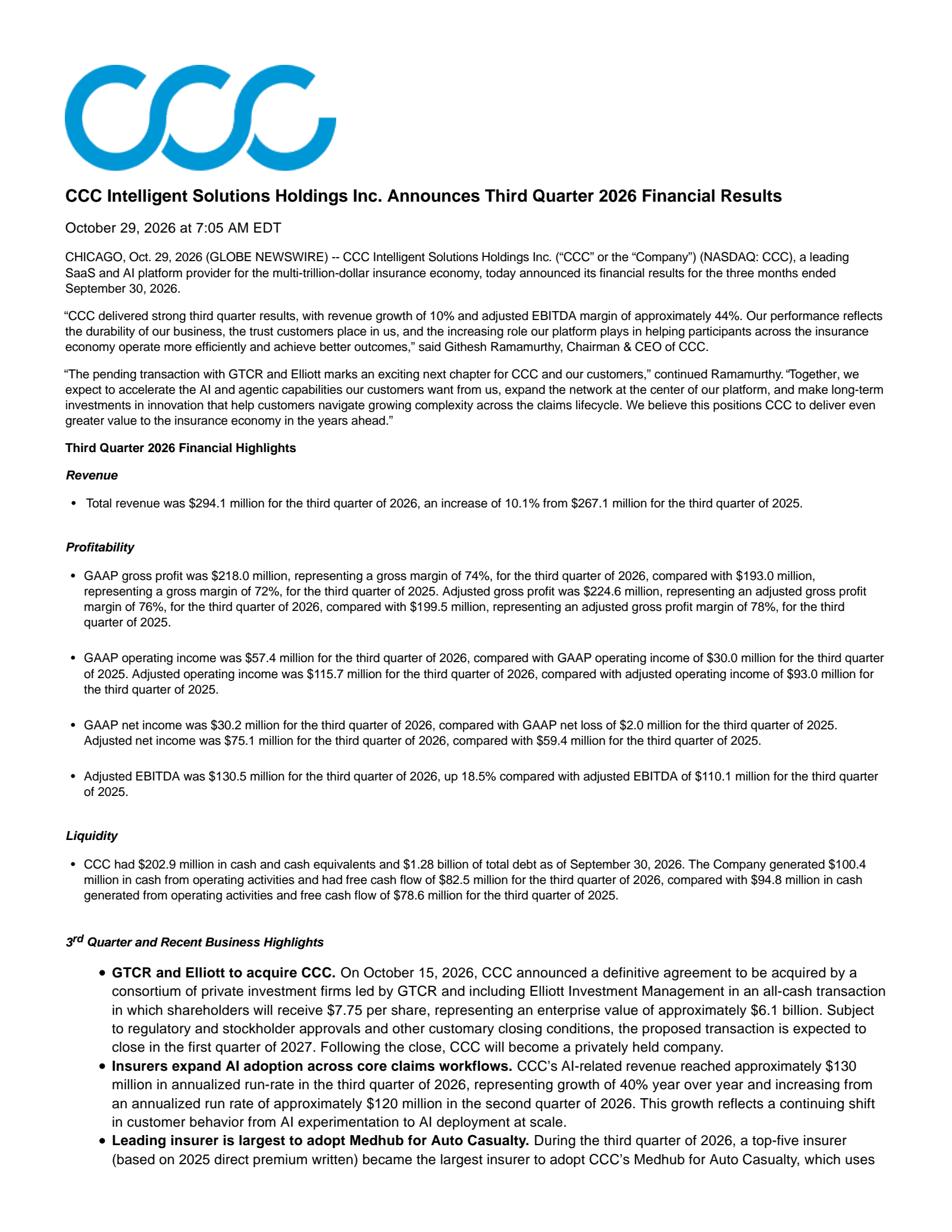 CCC Intelligent Solutions Holdings Inc. Common Stock's Q3 2026 Press Release
