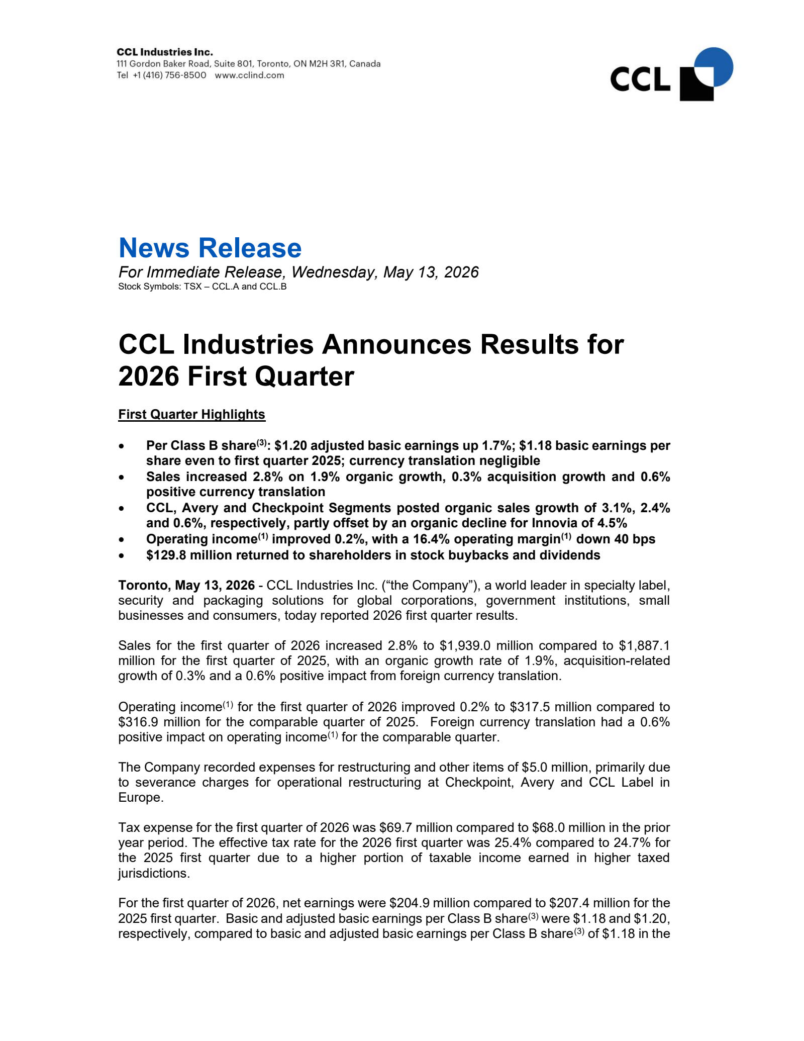CCL Industries' Q1 2026 Press Release
