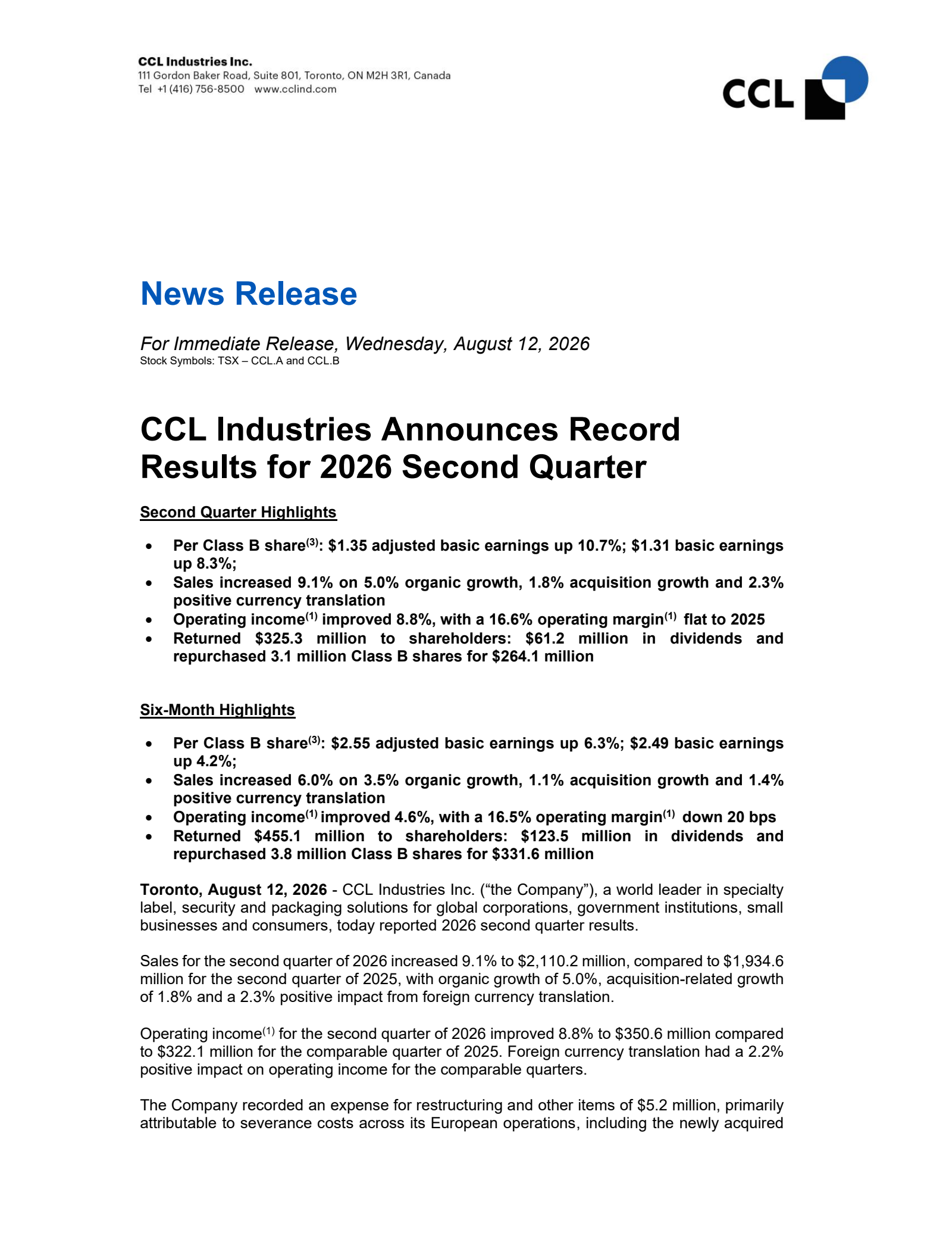 CCL Industries' Q2 2026 Press Release