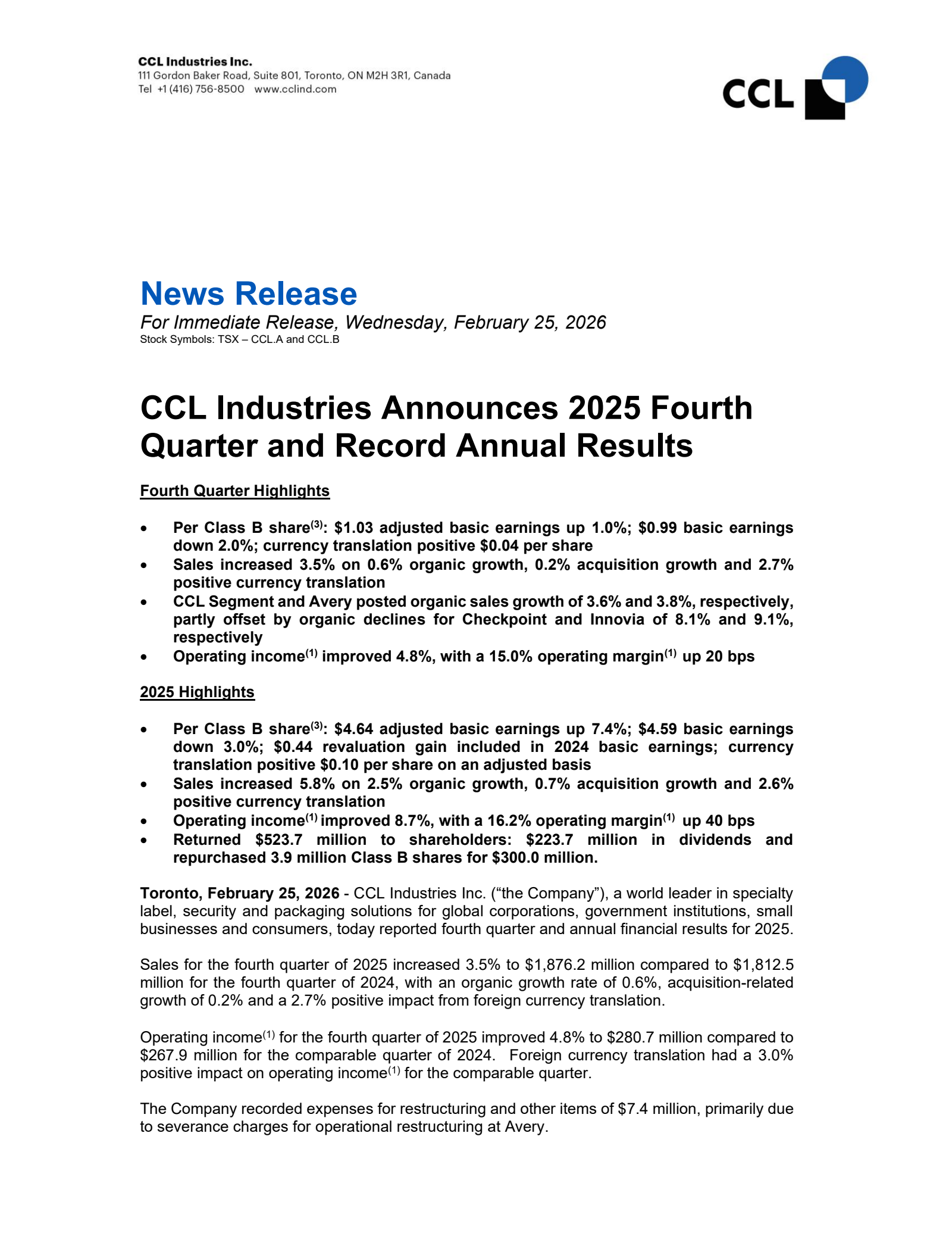 CCL Industries' Q4 2025 Press Release