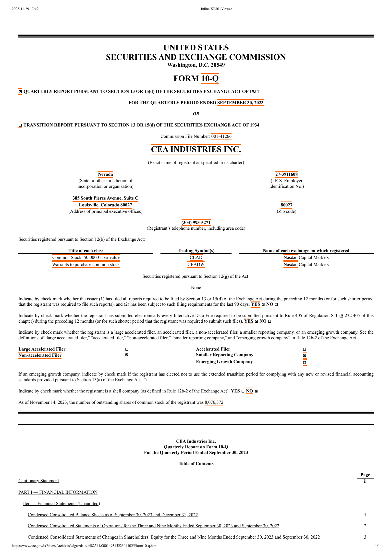 CEA Industries' Q3 2023 Press Release