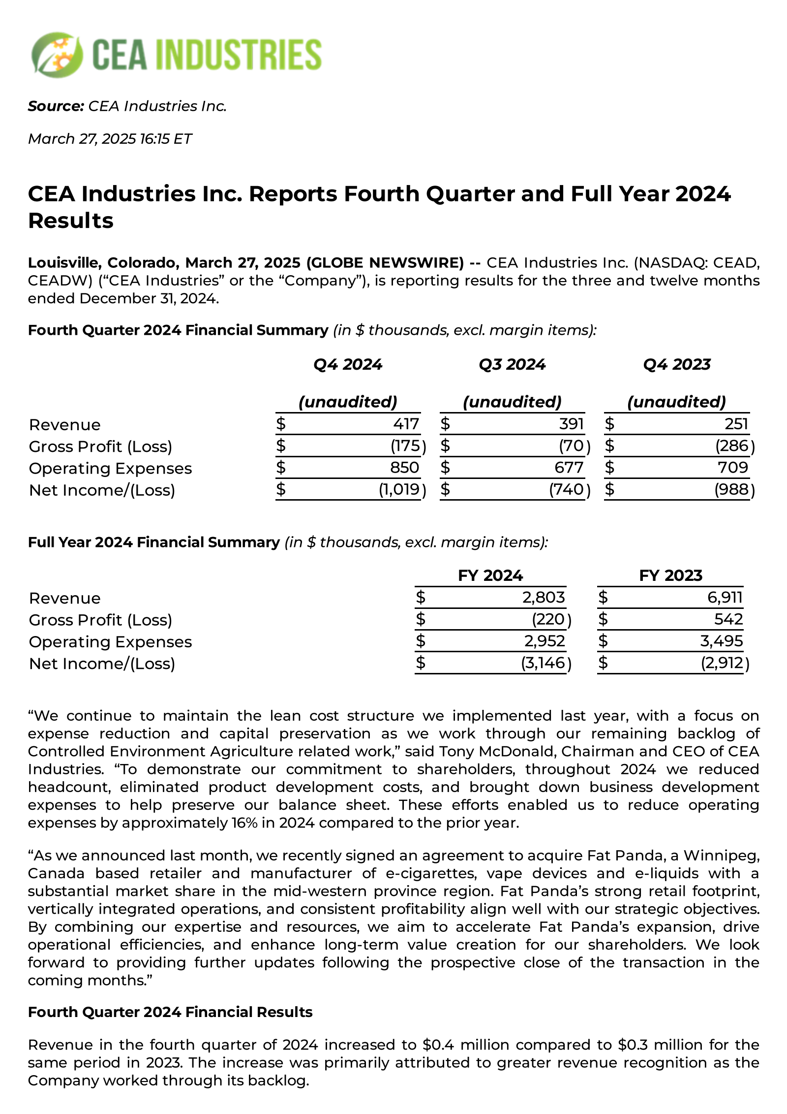 CEAD Q4 2024 Earnings Report on 3/27/2025