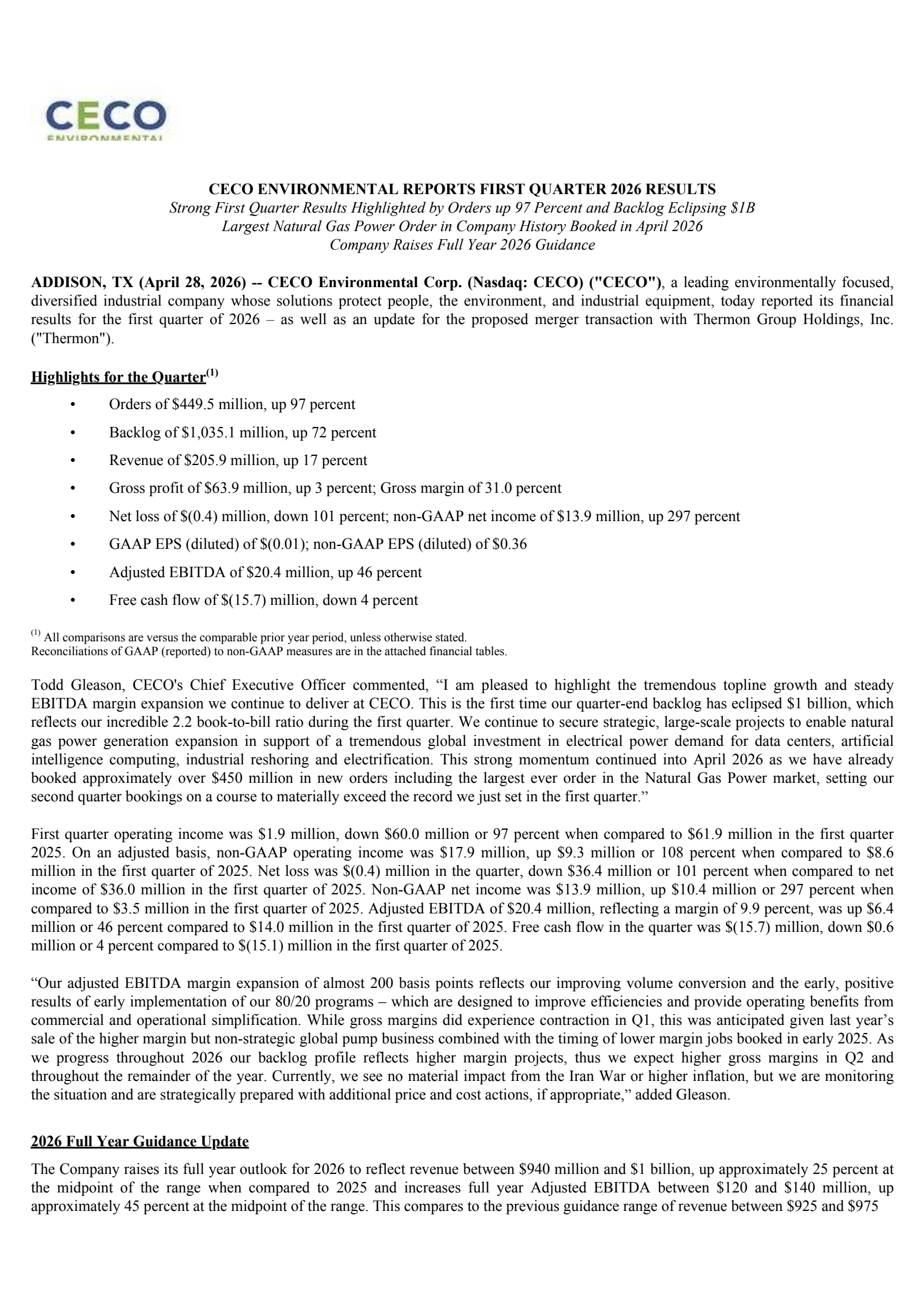 CECO Environmental's Q1 2026 Press Release