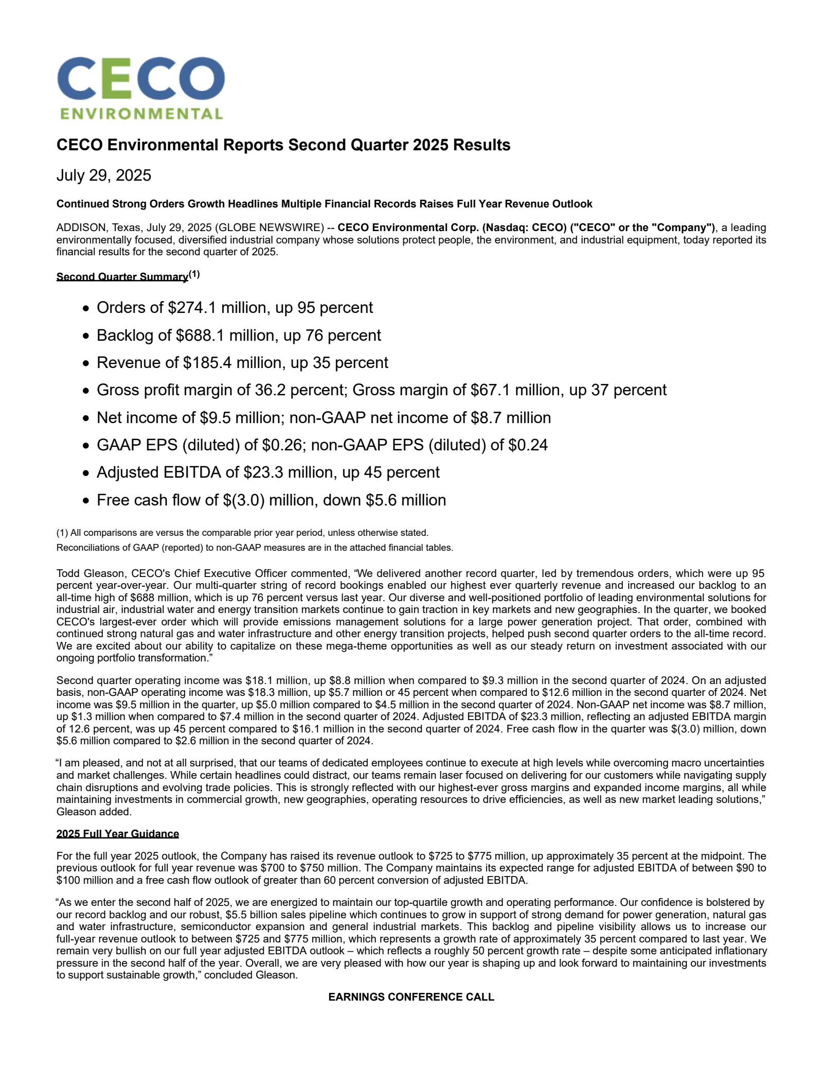 CECO Environmental's Q2 2025 Press Release