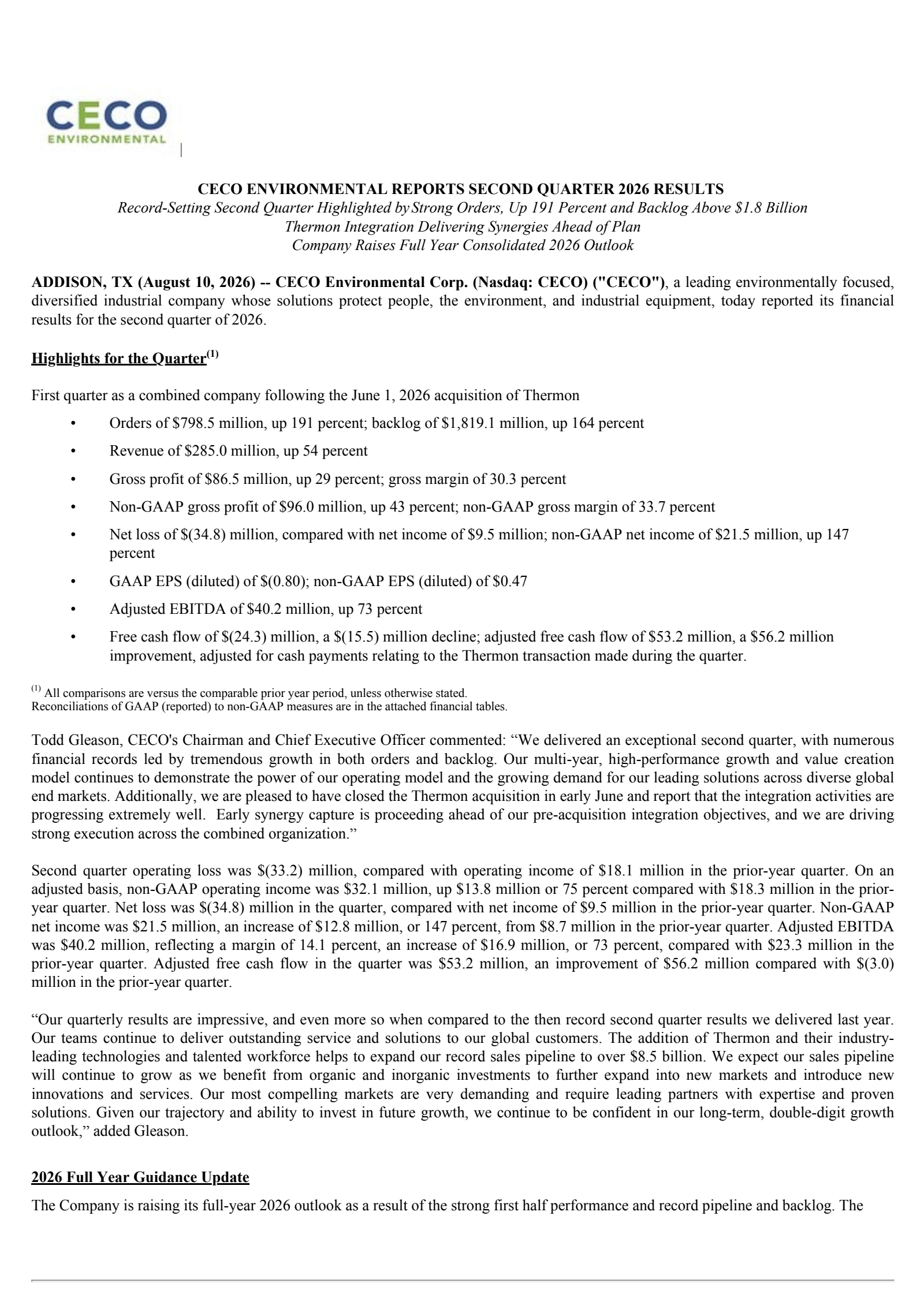 CECO Environmental's Q2 2026 Press Release