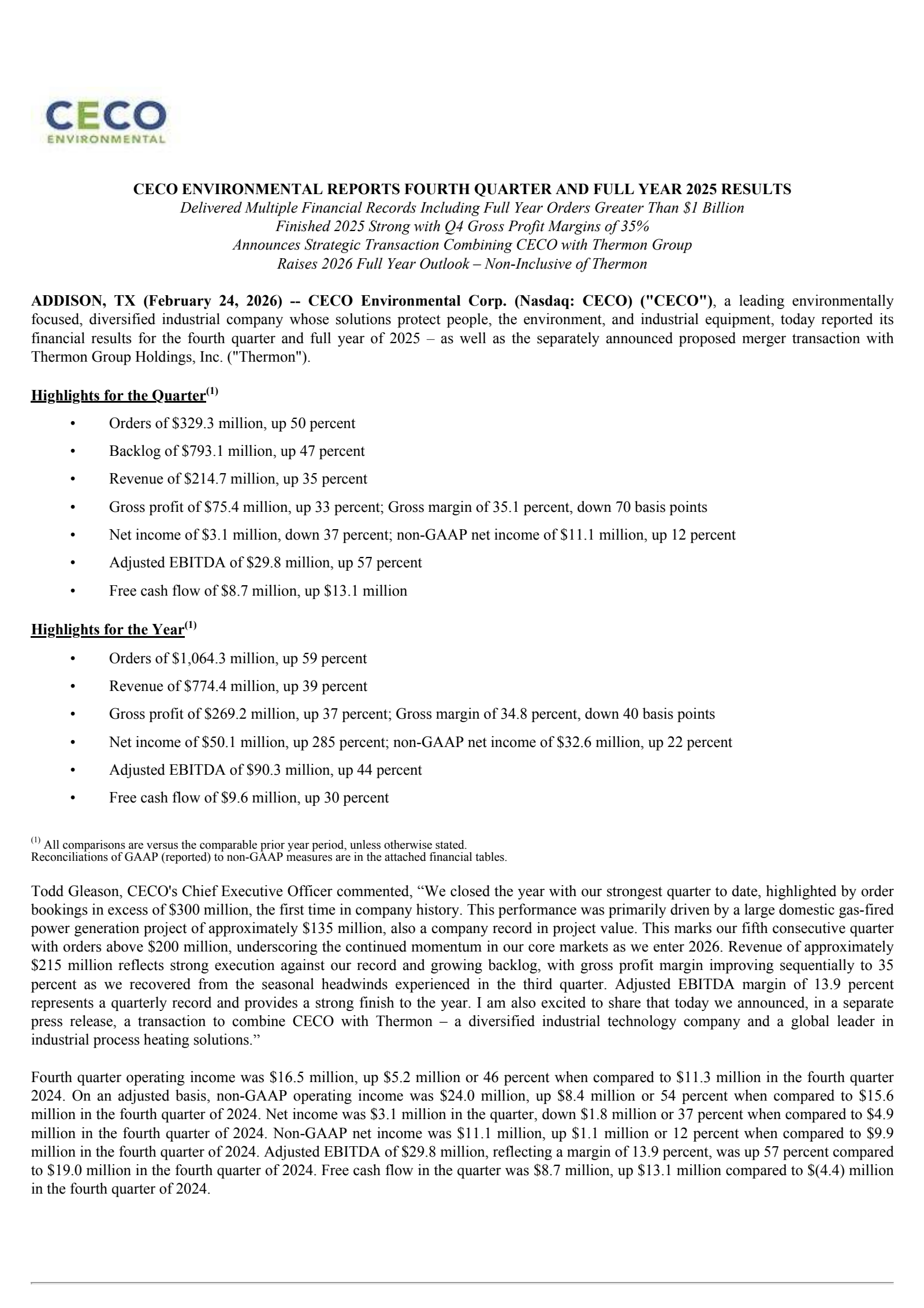 CECO Environmental's Q4 2025 Press Release