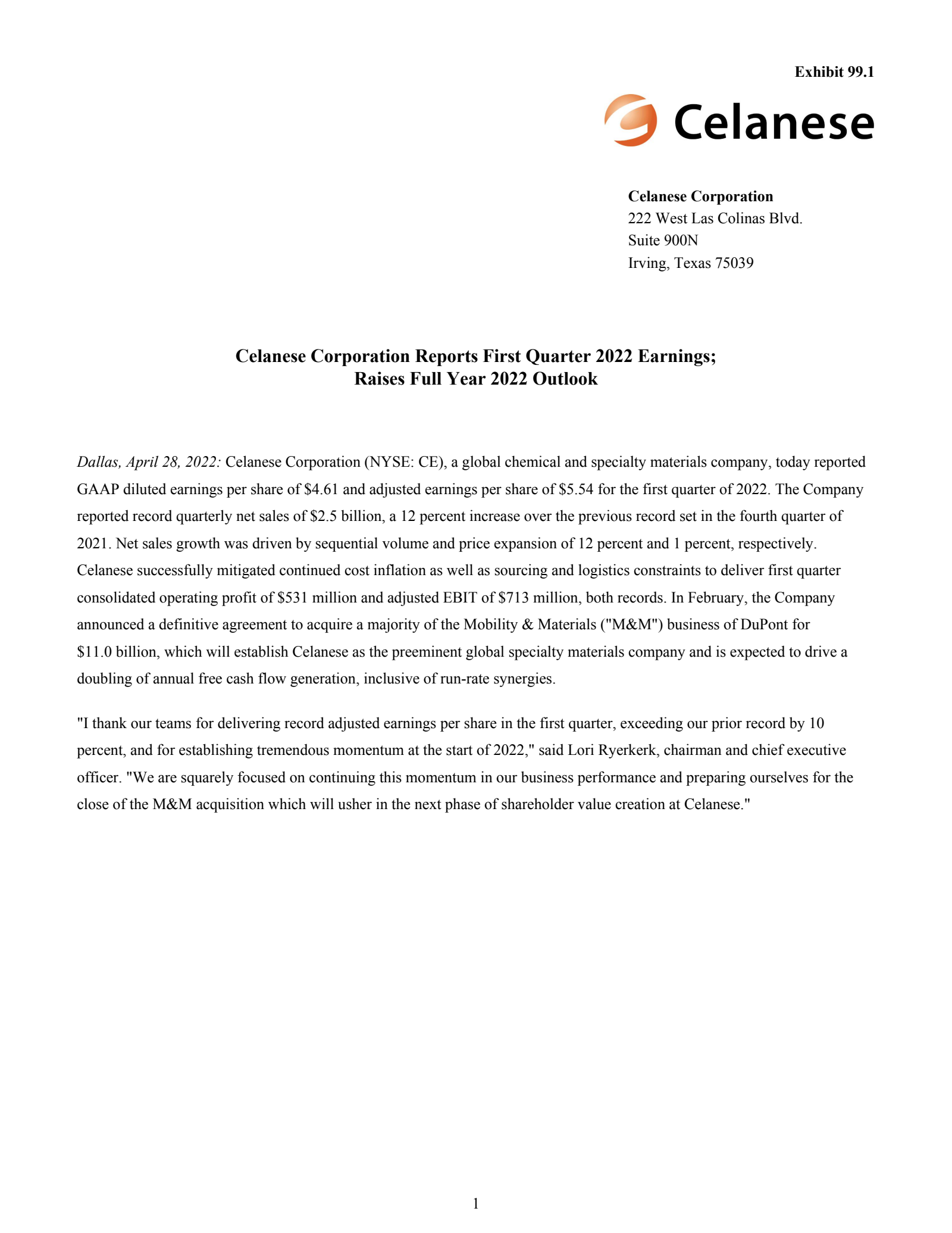 Celanese's Q1 2022 Earnings Release
