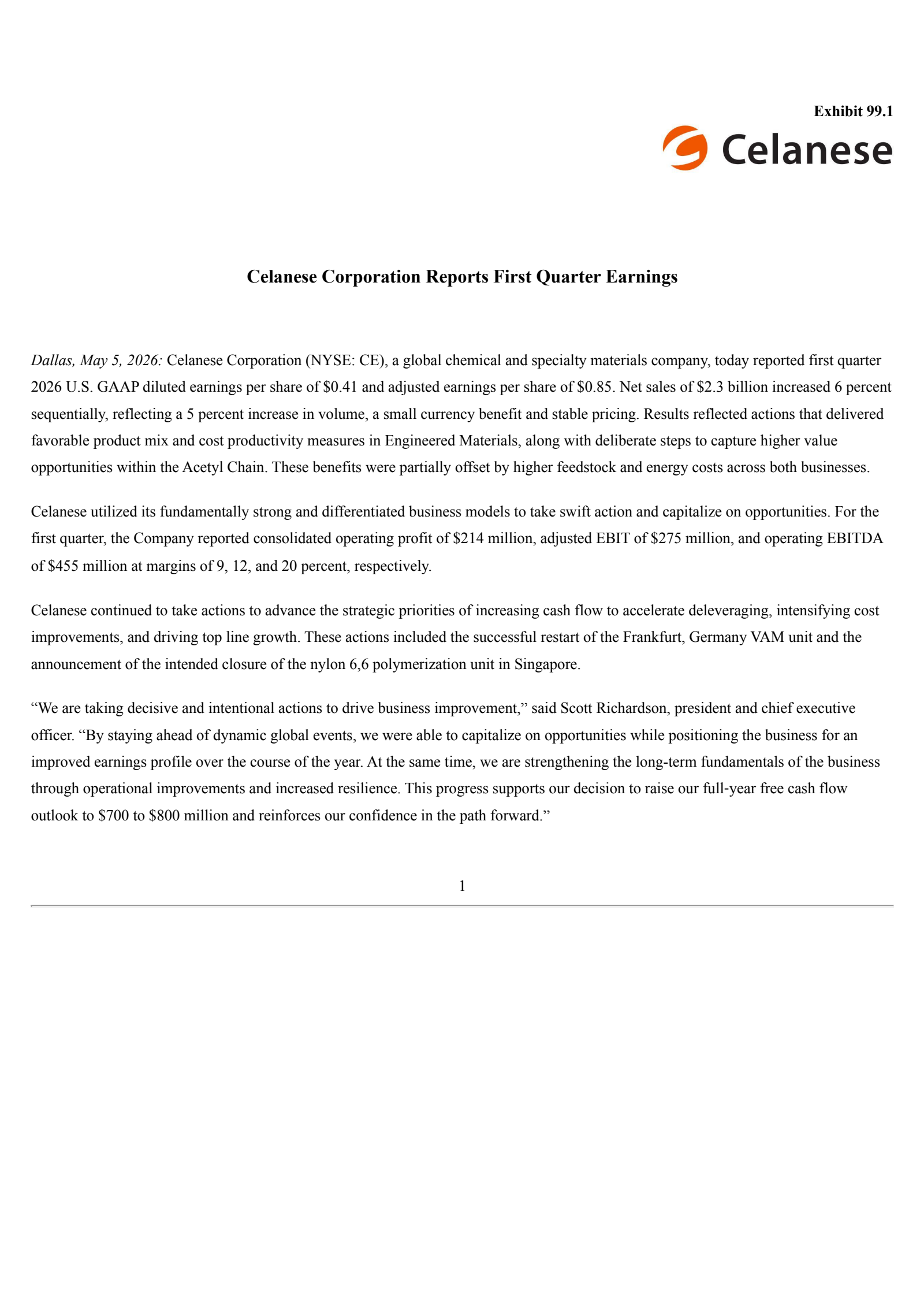 Celanese's Q1 2026 Press Release