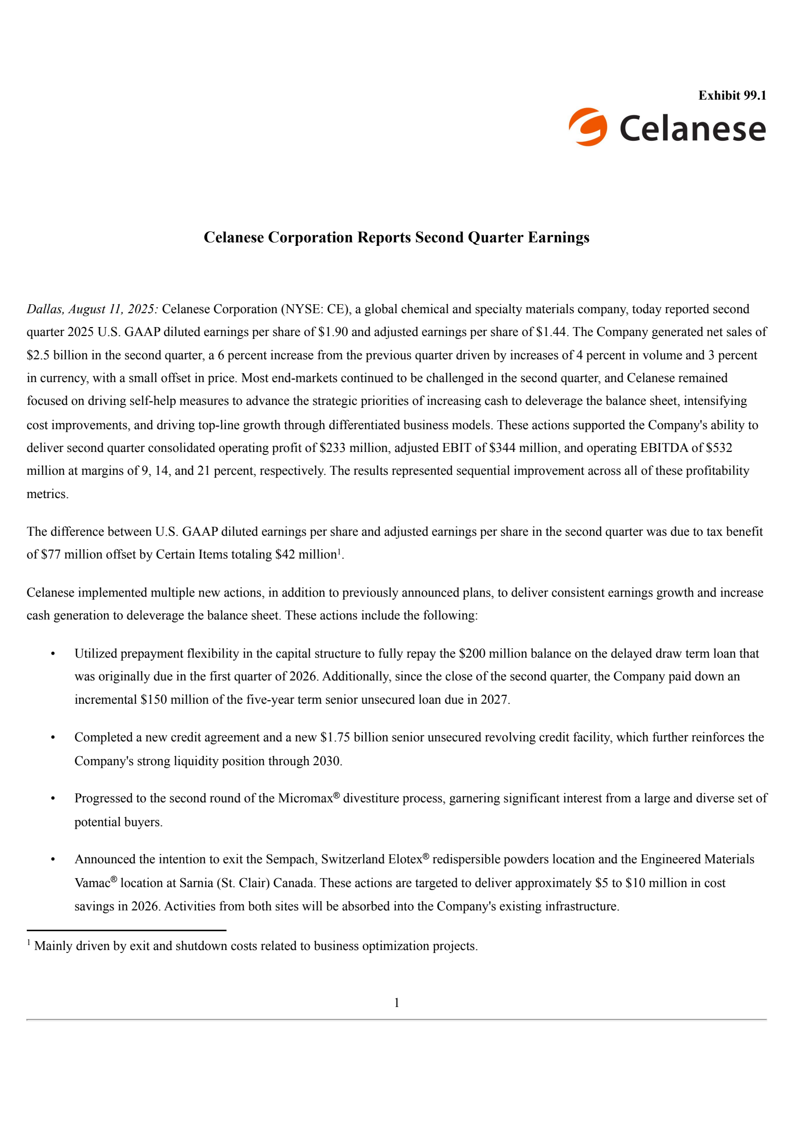 Celanese's Q2 2025 Press Release