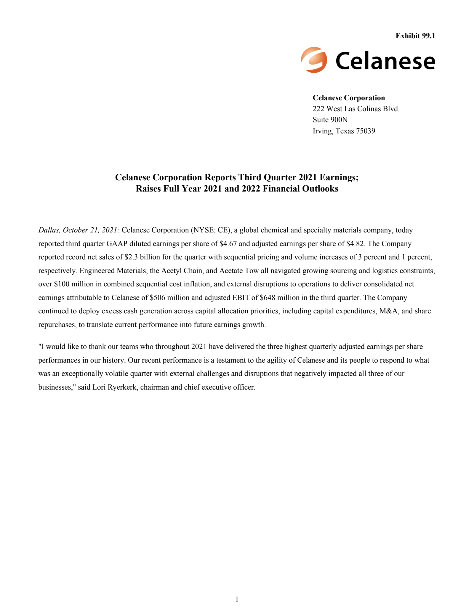 Celanese's Q3 2021 Earnings Release