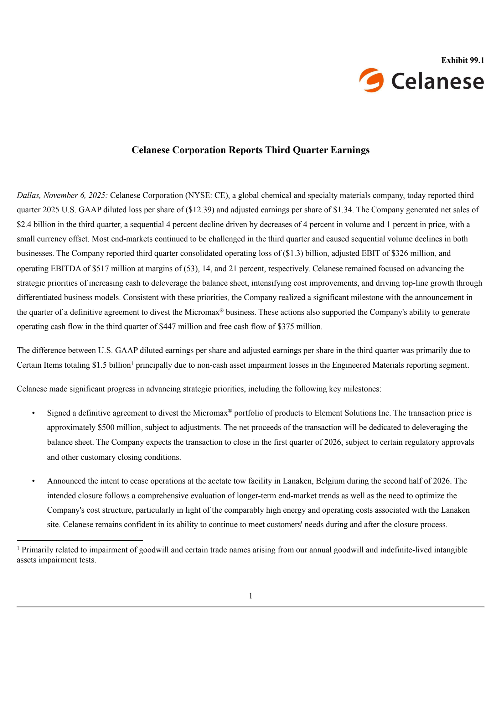 Celanese's Q3 2025 Earnings Release