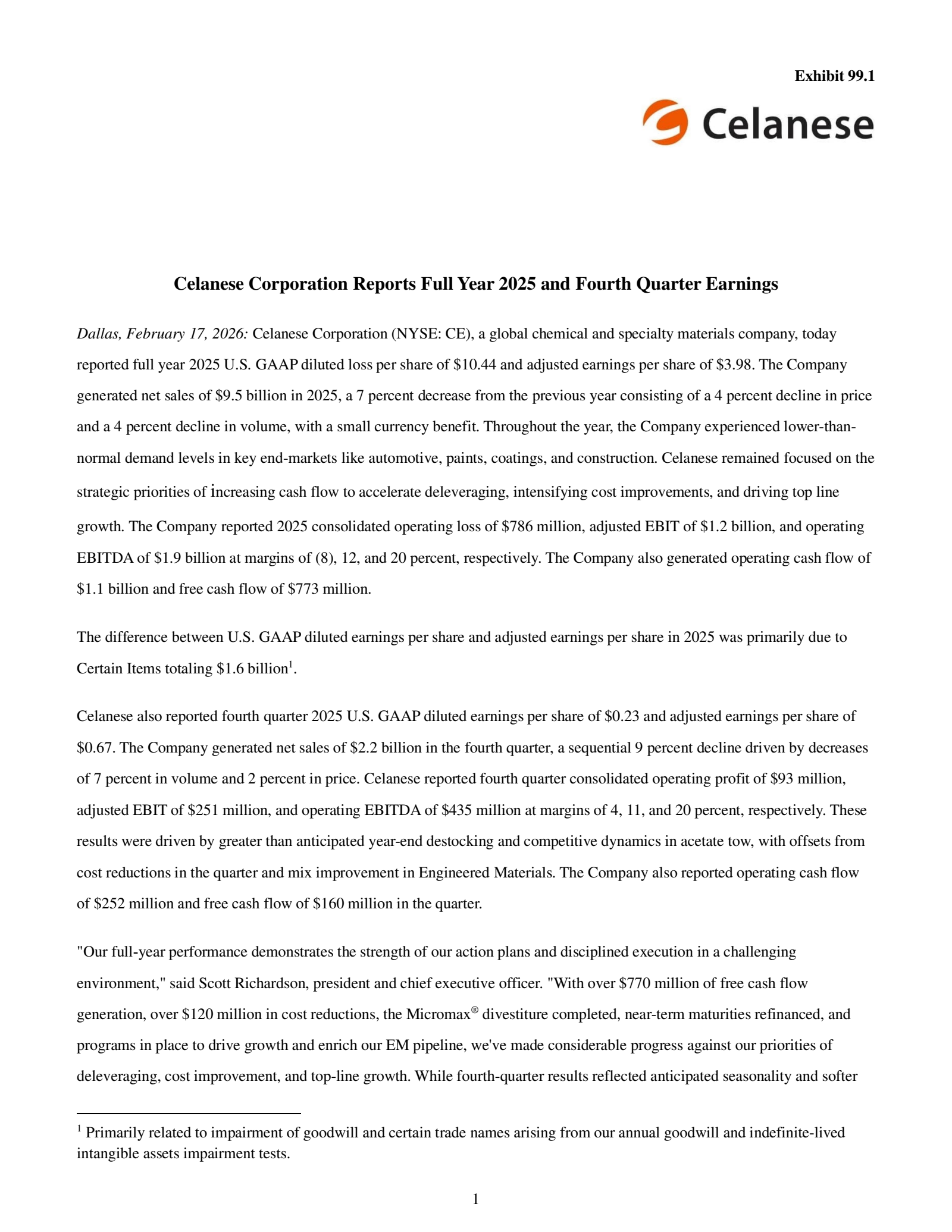 Celanese's Q4 2025 Press Release