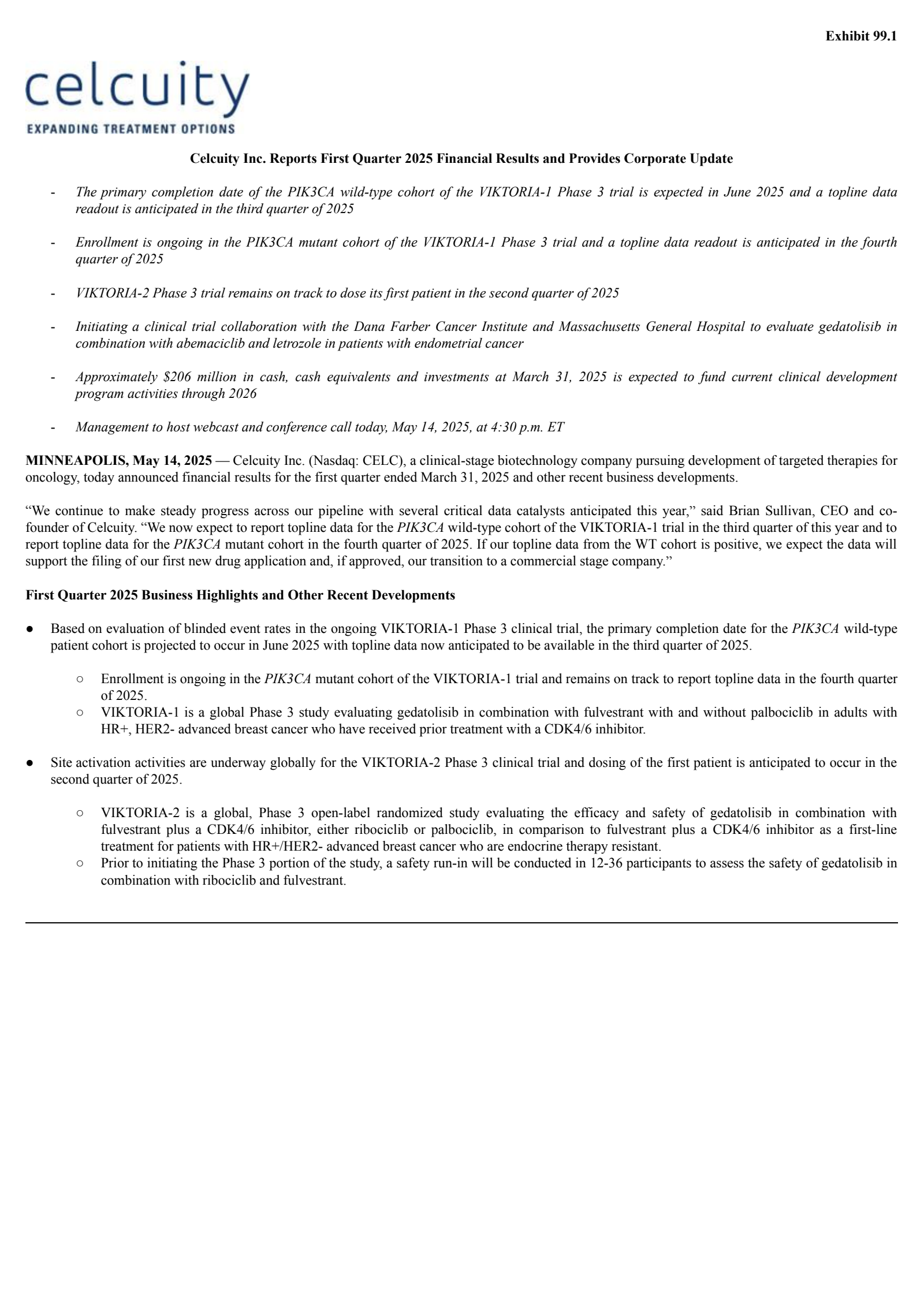 Celcuity's Q1 2025 Press Release