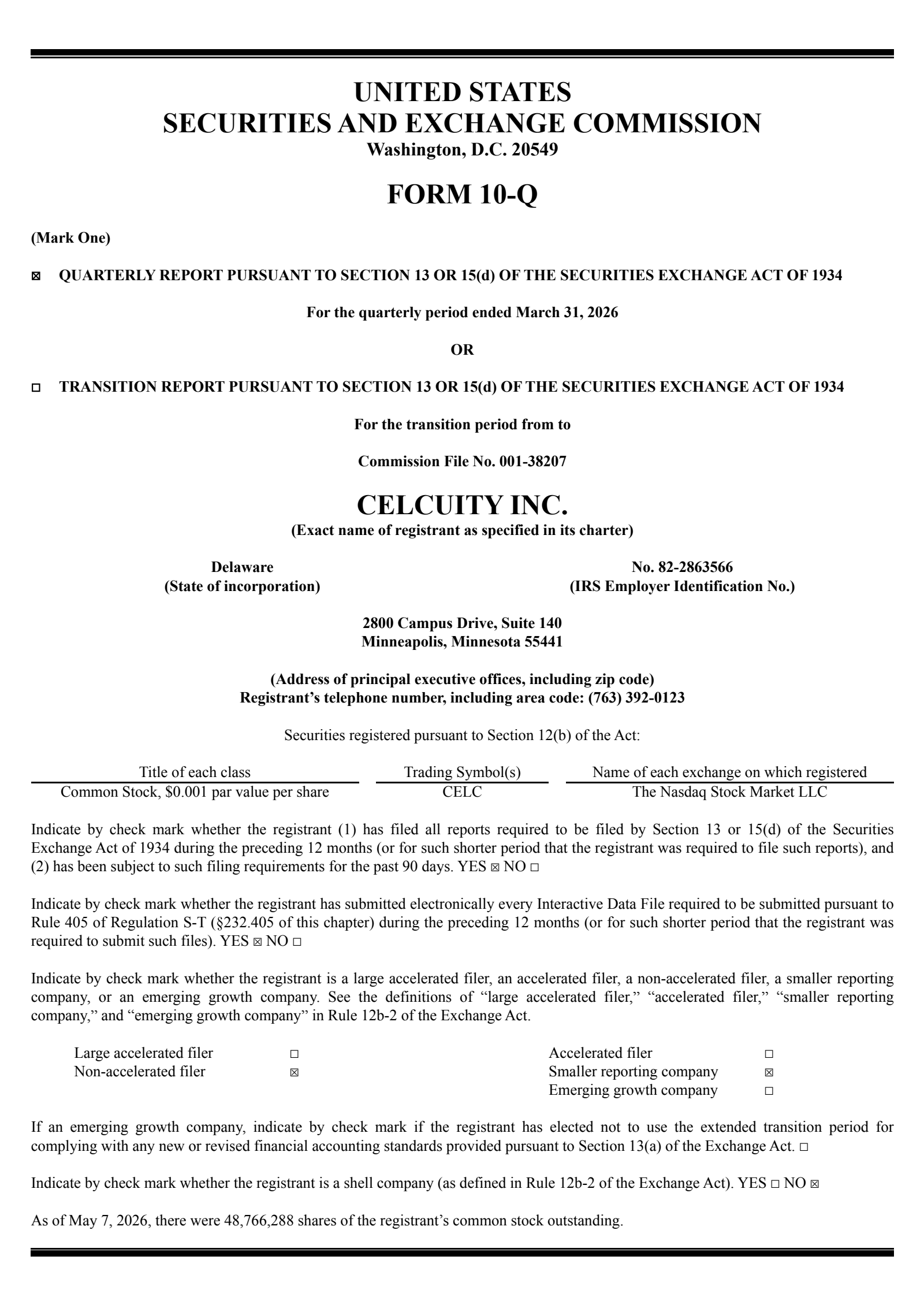Celcuity's Q1 2026 Quarterly report