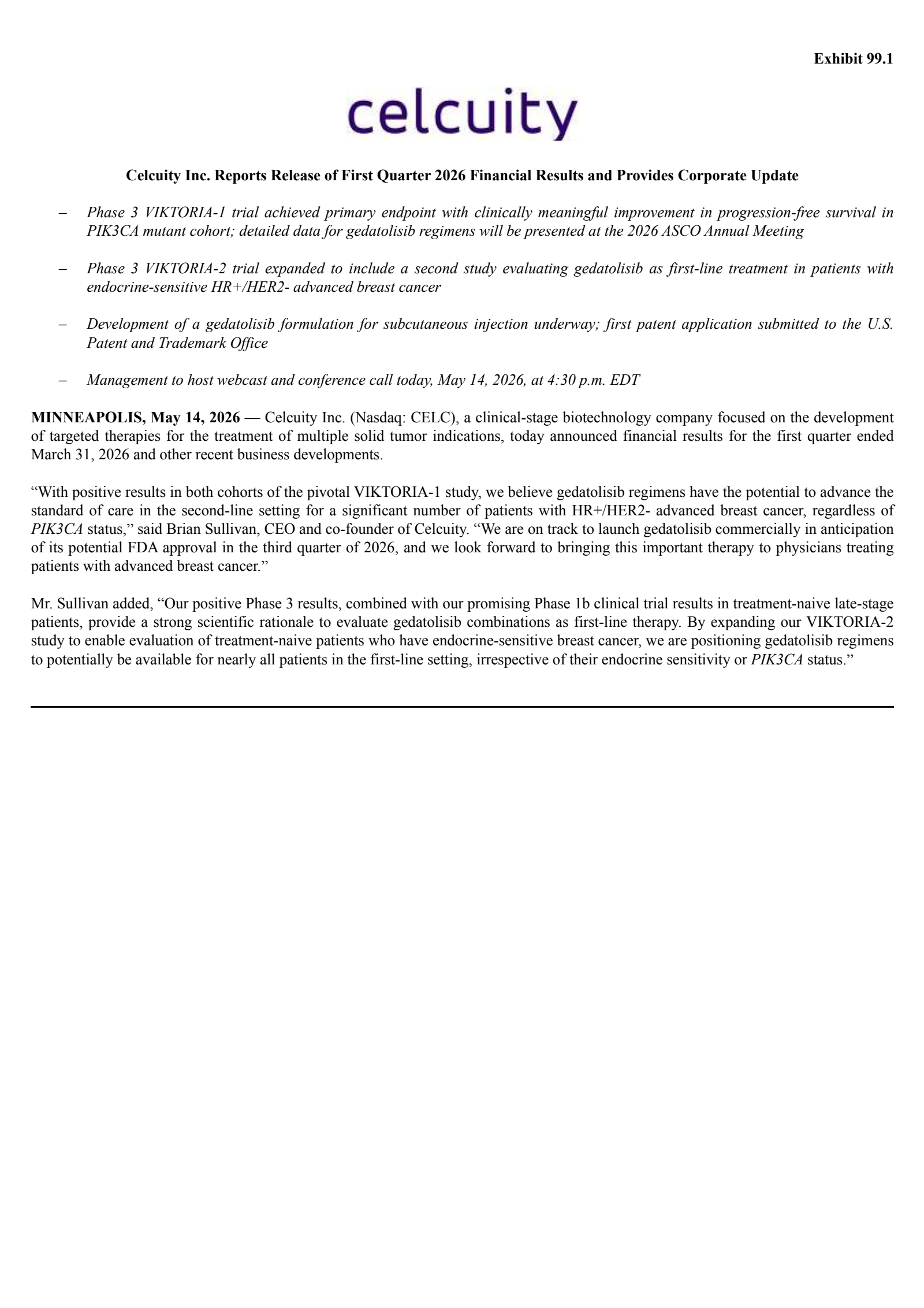 Celcuity's Q1 2026 Press Release