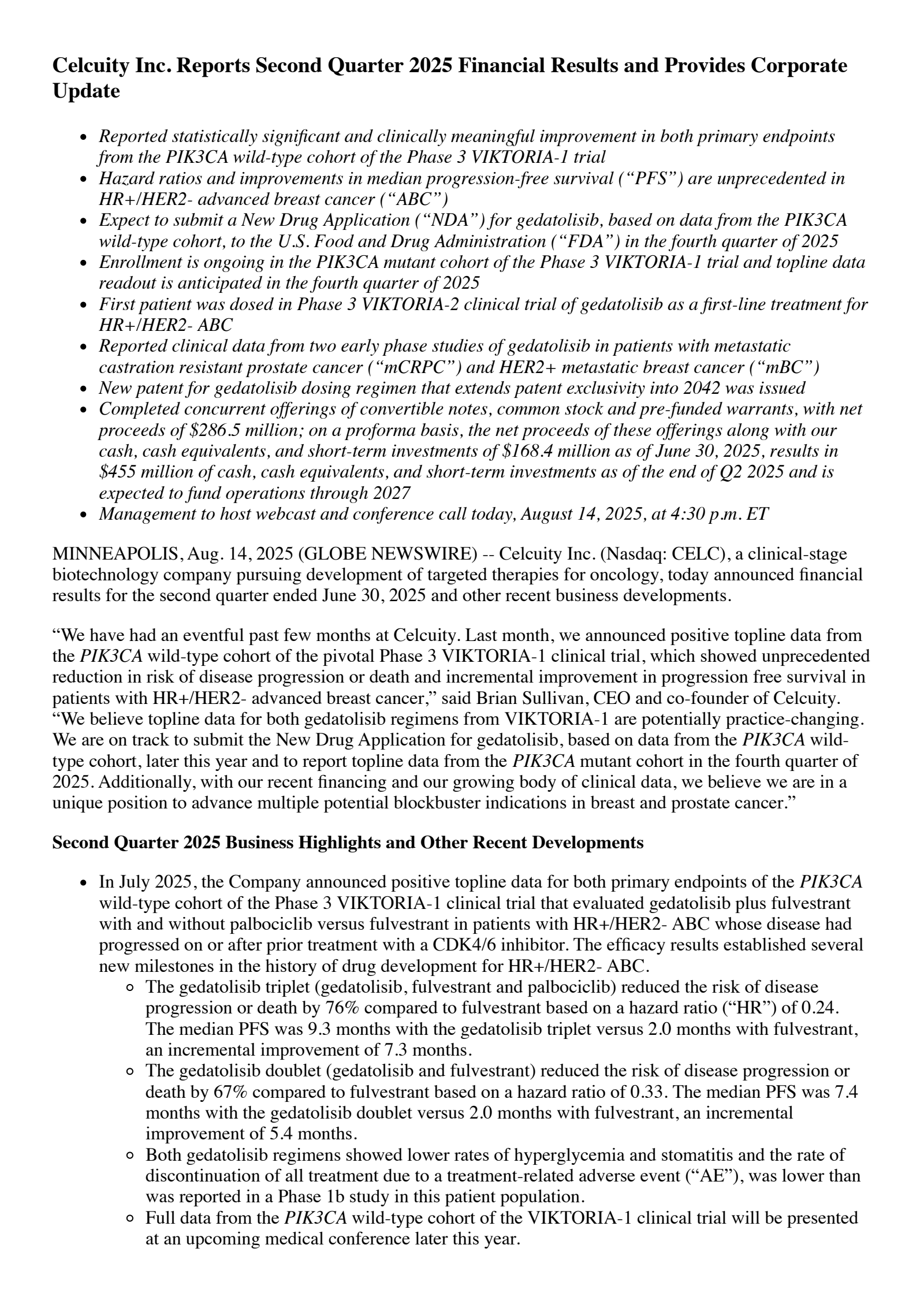 Celcuity's Q2 2025 Press Release