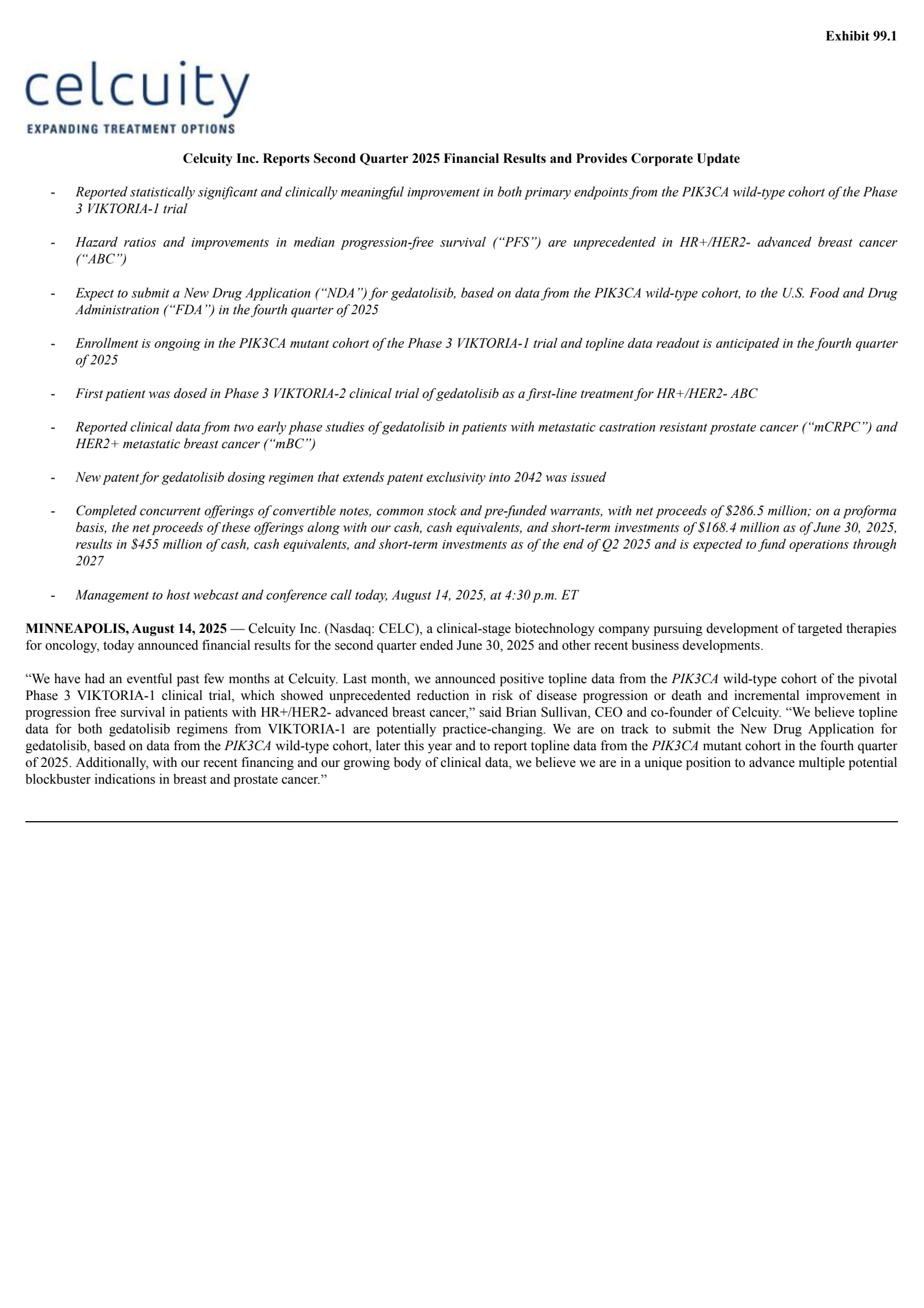 Celcuity's Q2 2025 Press Release
