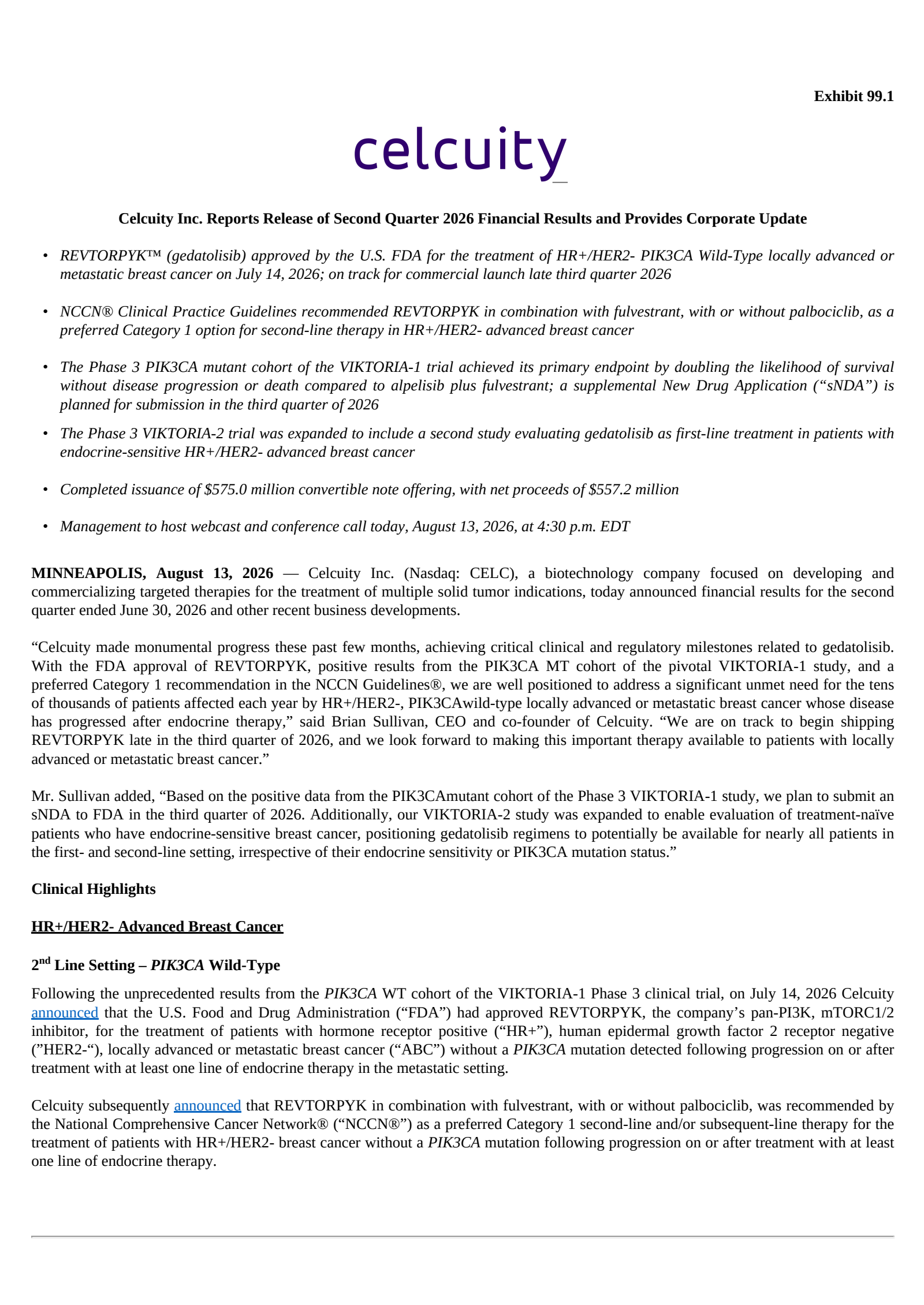 Celcuity's Q2 2026 Press Release