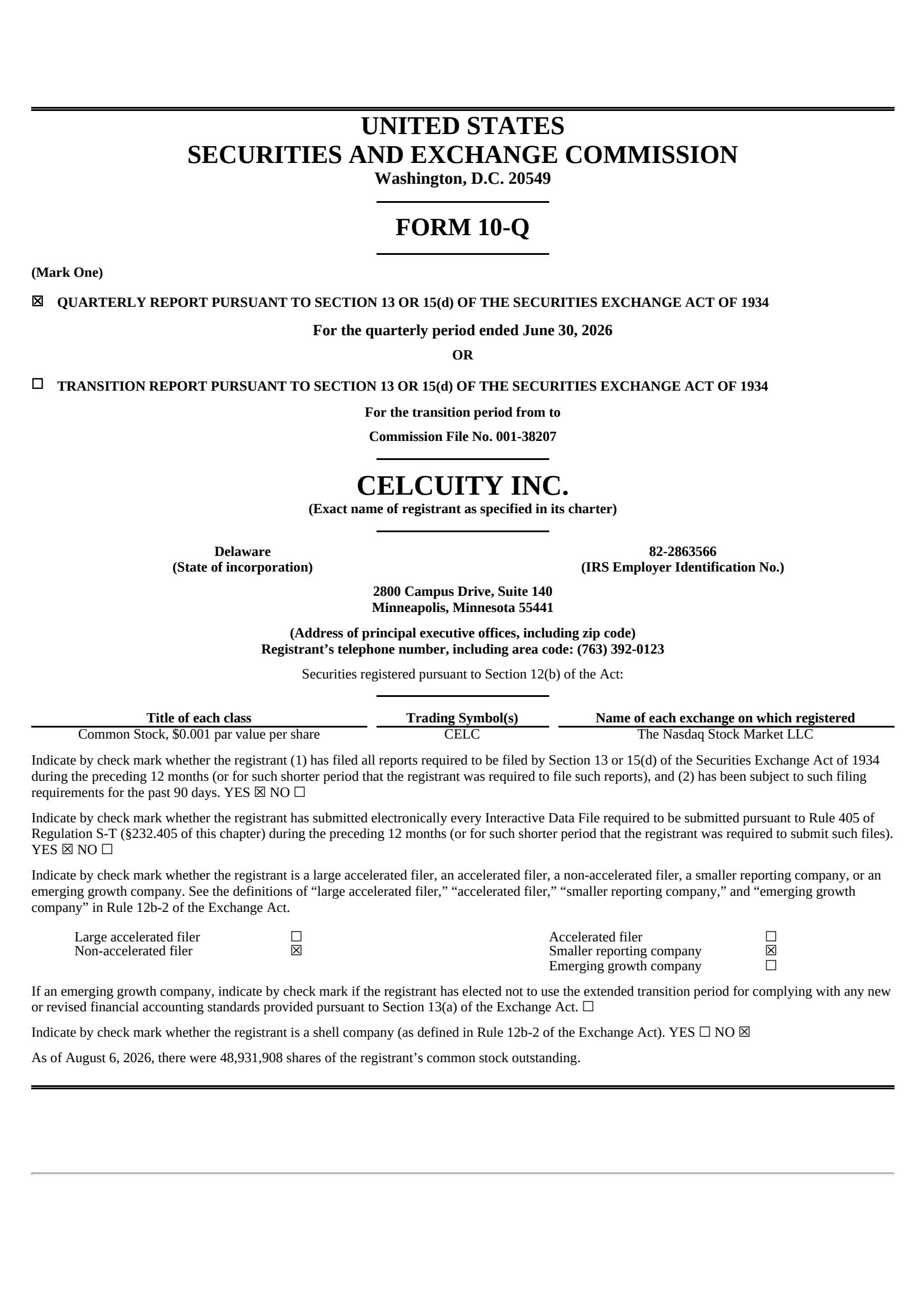 Celcuity's Q2 2026 Quarterly report