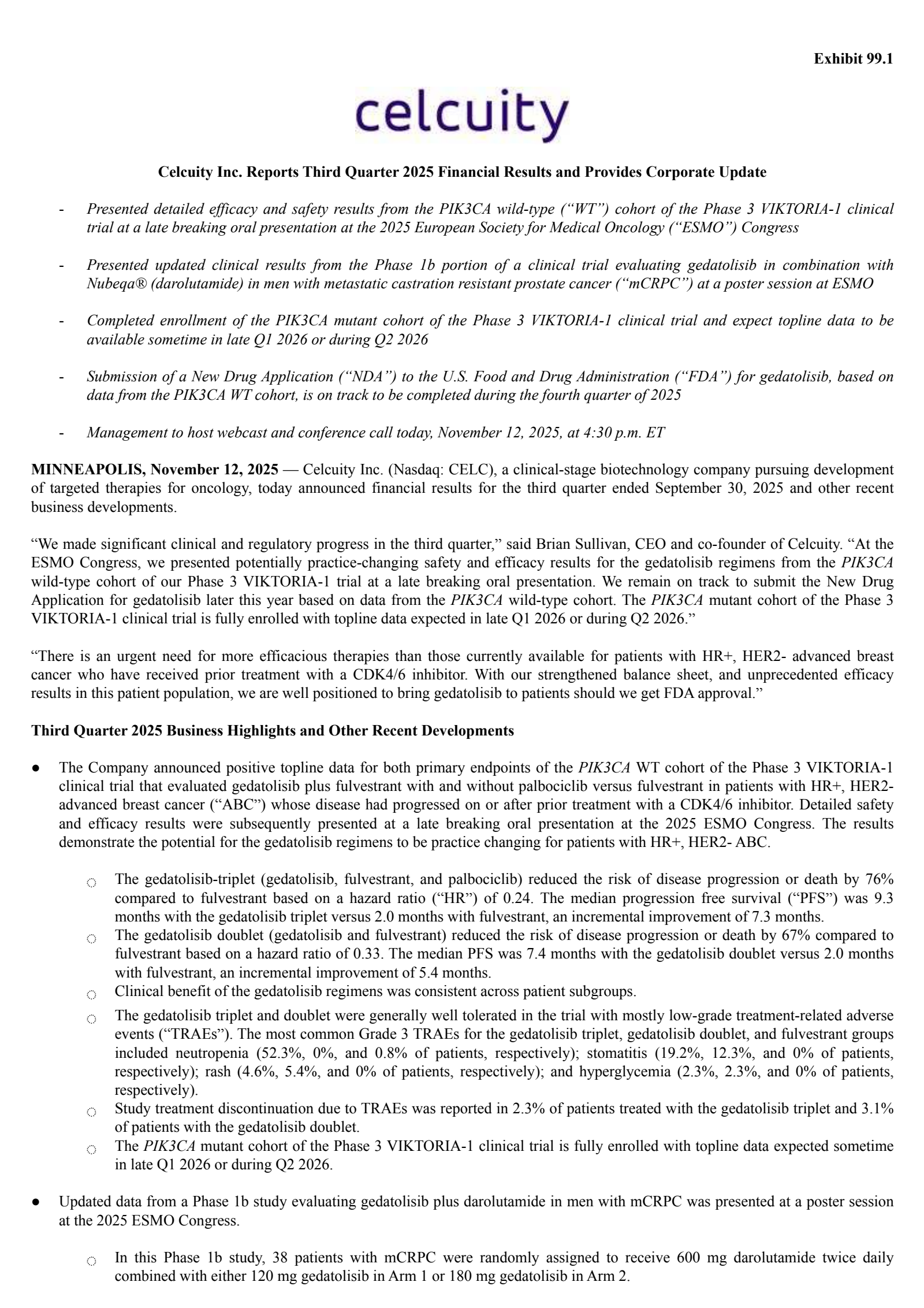 Celcuity's Q3 2025 Earnings Release
