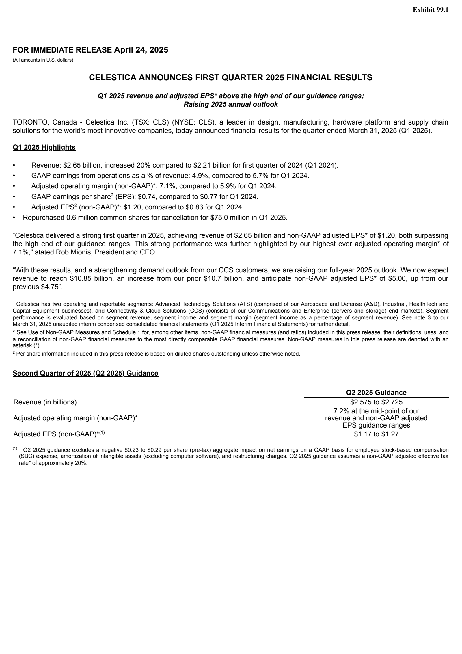 Celestica's Q1 2025 Press Release