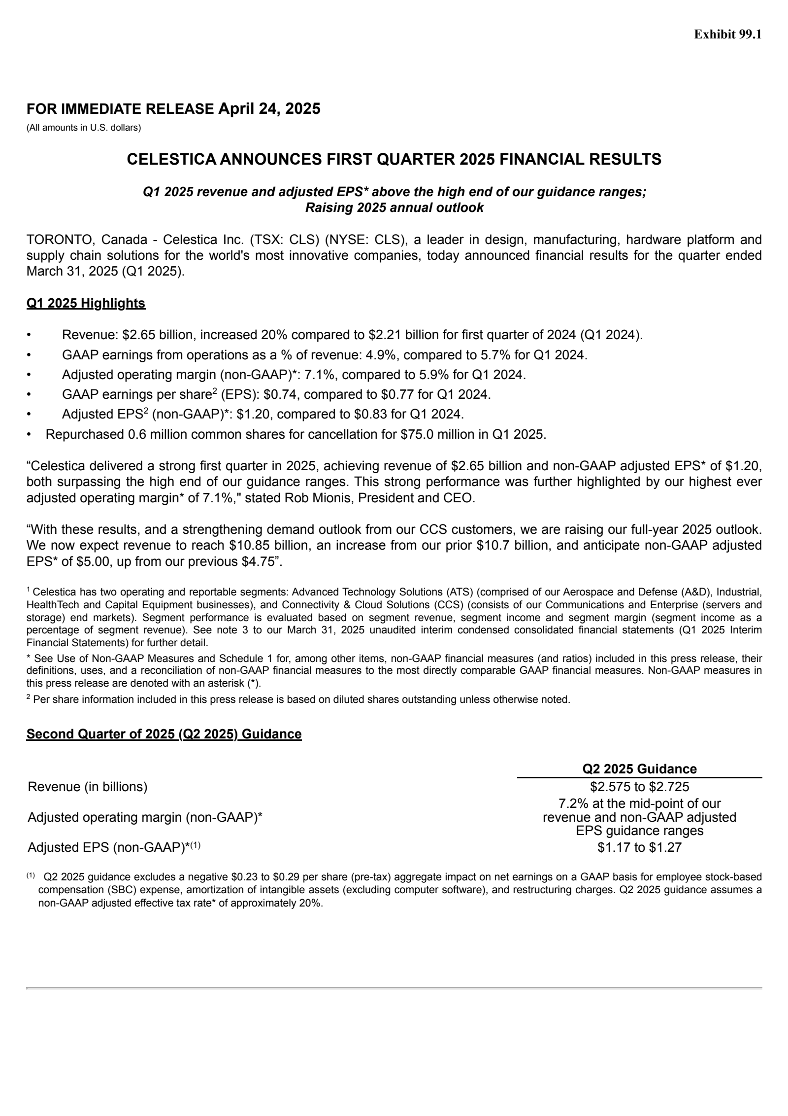 Celestica's Q1 2025 Earnings Release