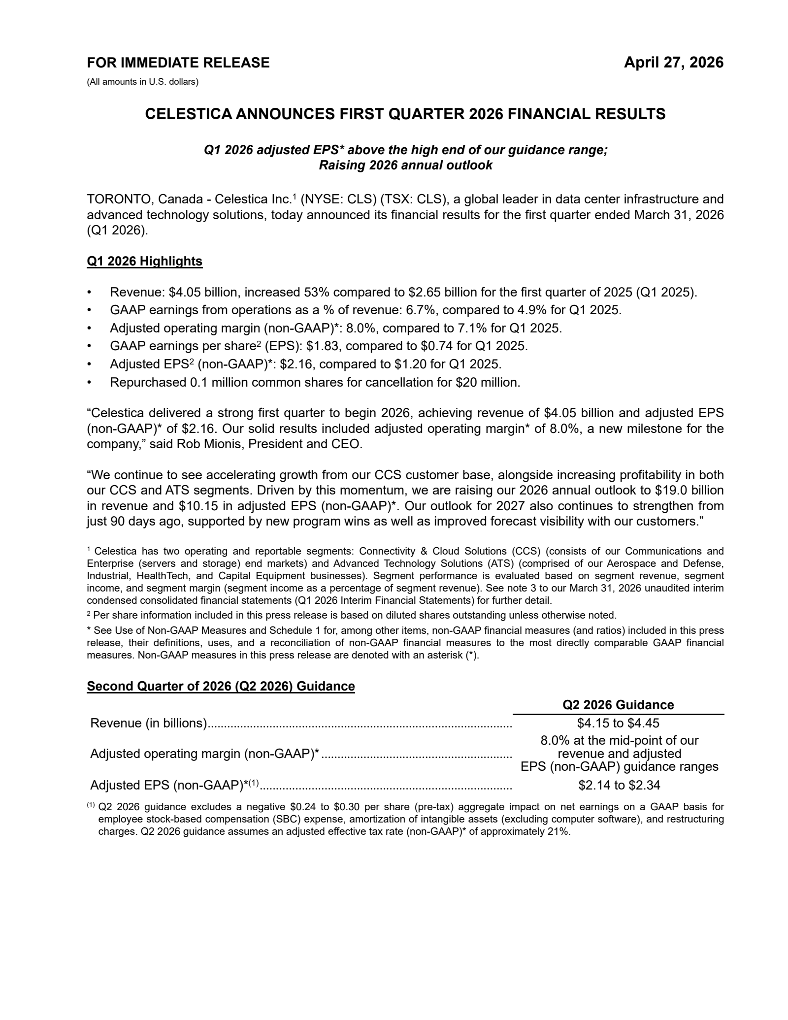 Celestica's Q1 2026 Press Release