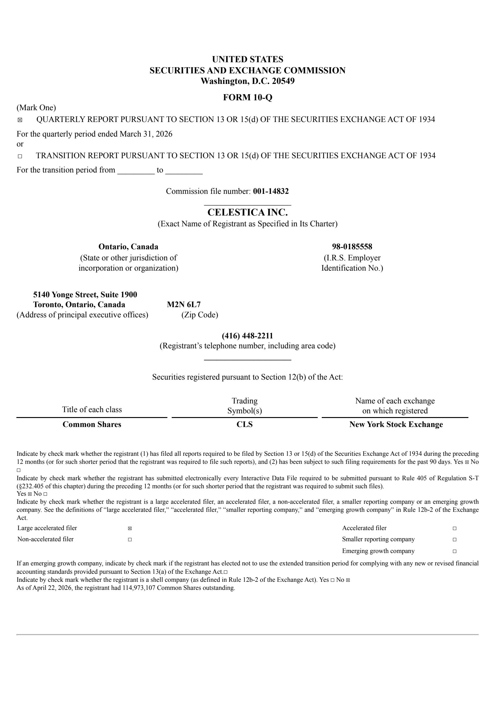 Celestica's Q1 2026 Quarterly report