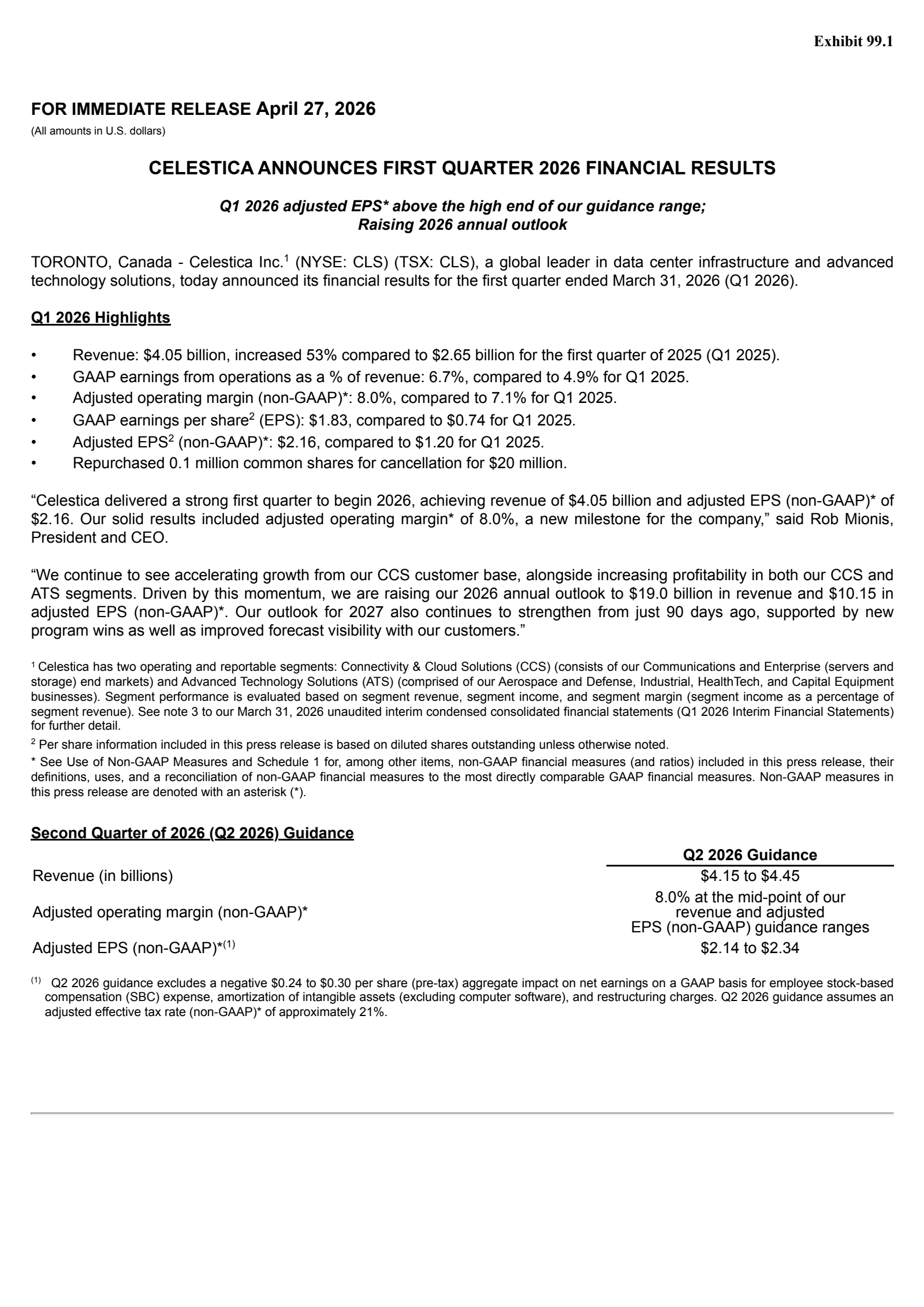 Celestica's Q1 2026 Press Release