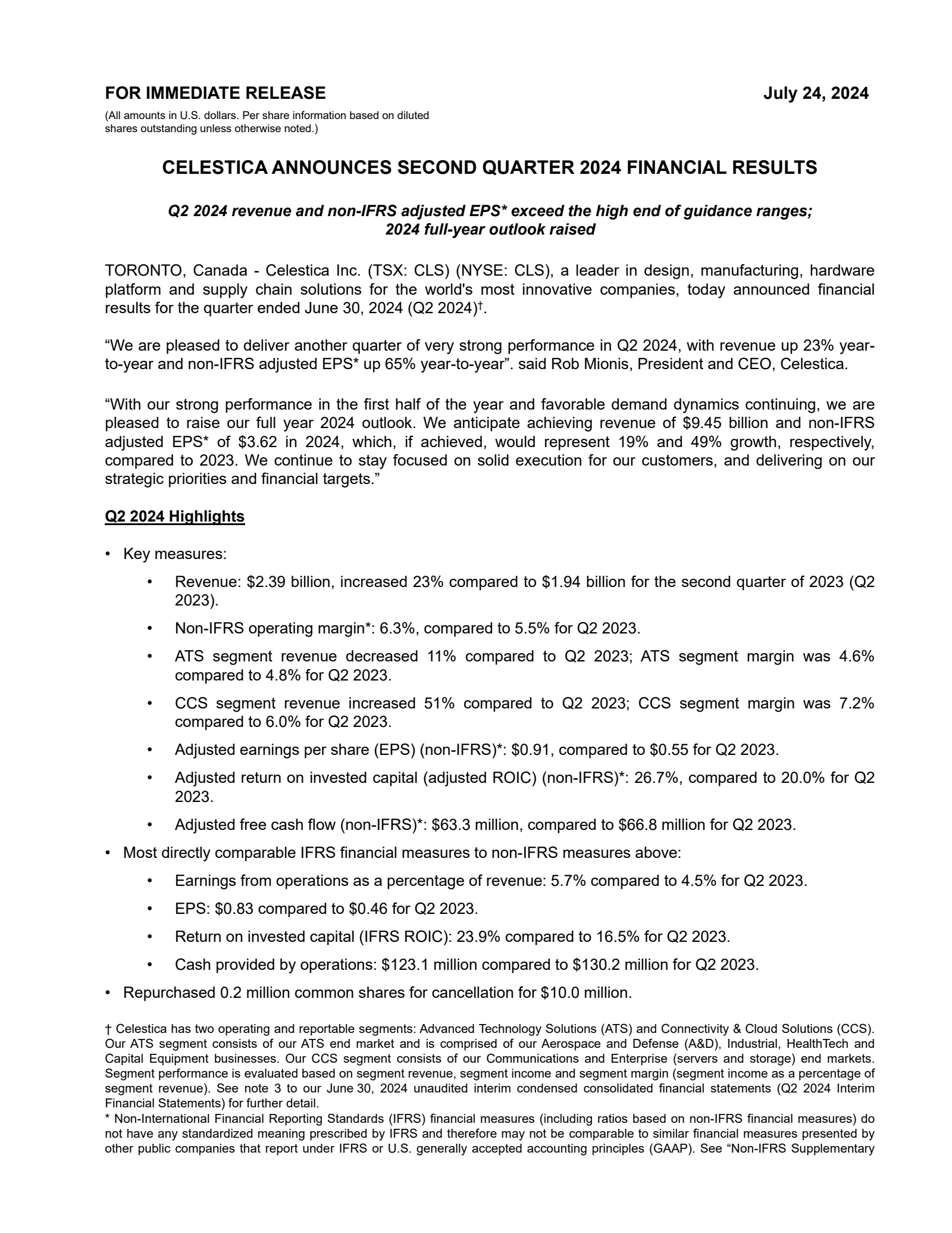 Celestica's Q2 2024 Press Release