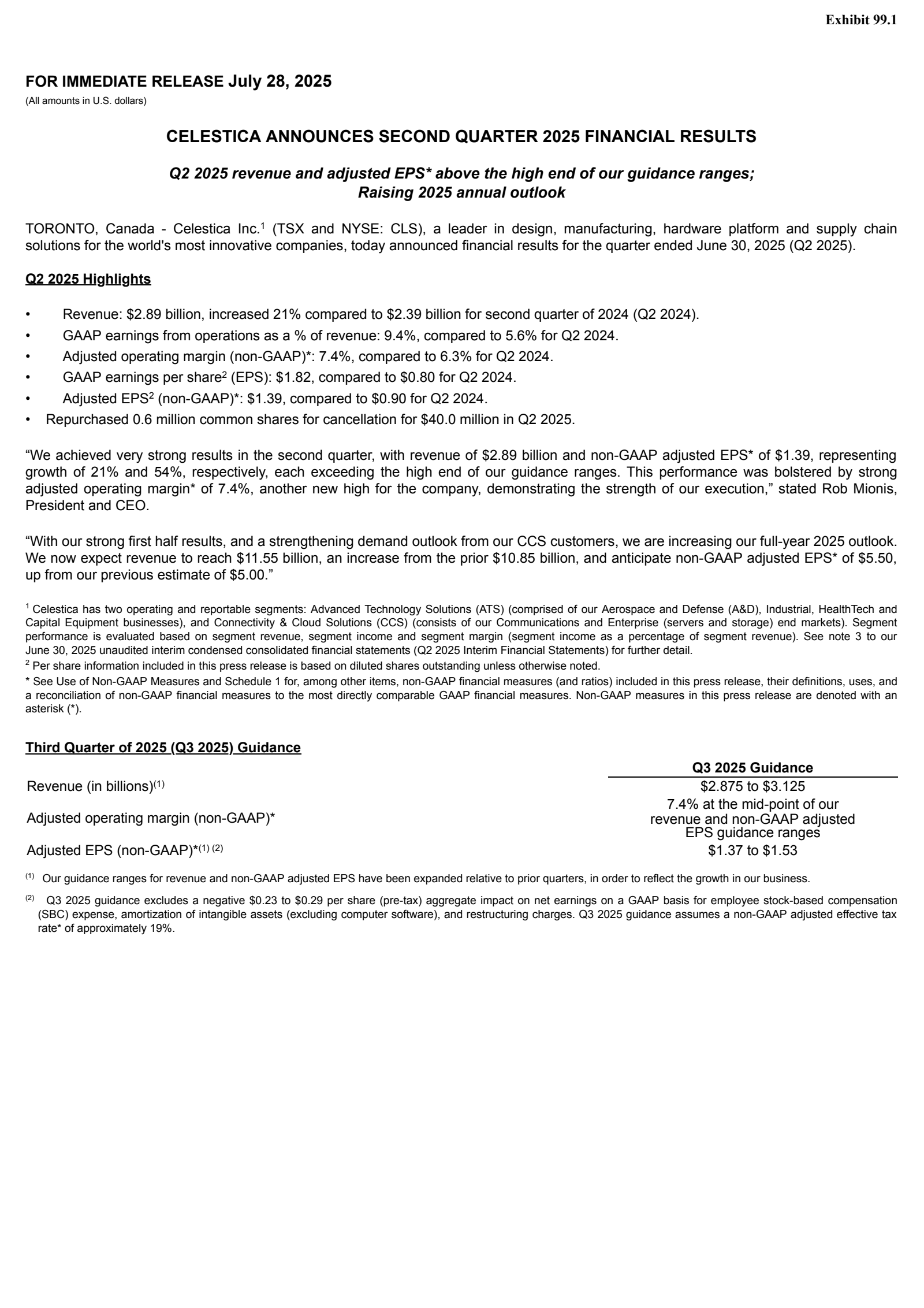 Celestica's Q2 2025 Press Release