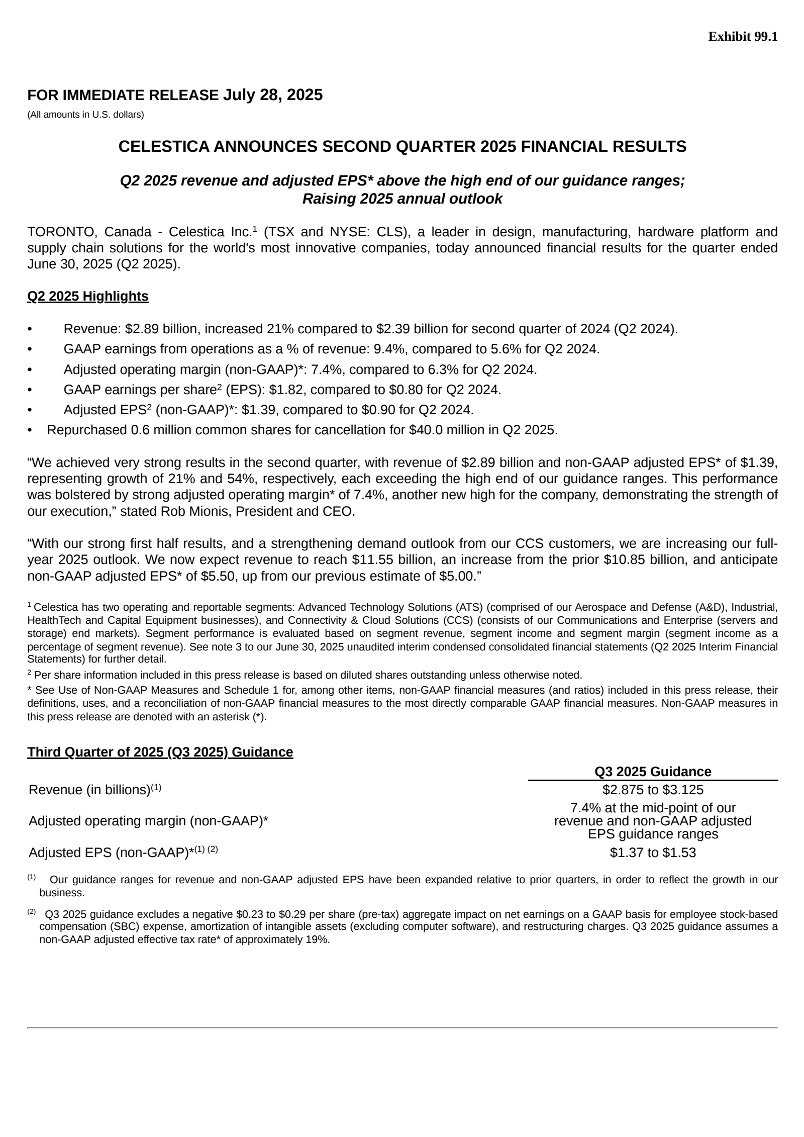 Celestica's Q2 2025 Press Release