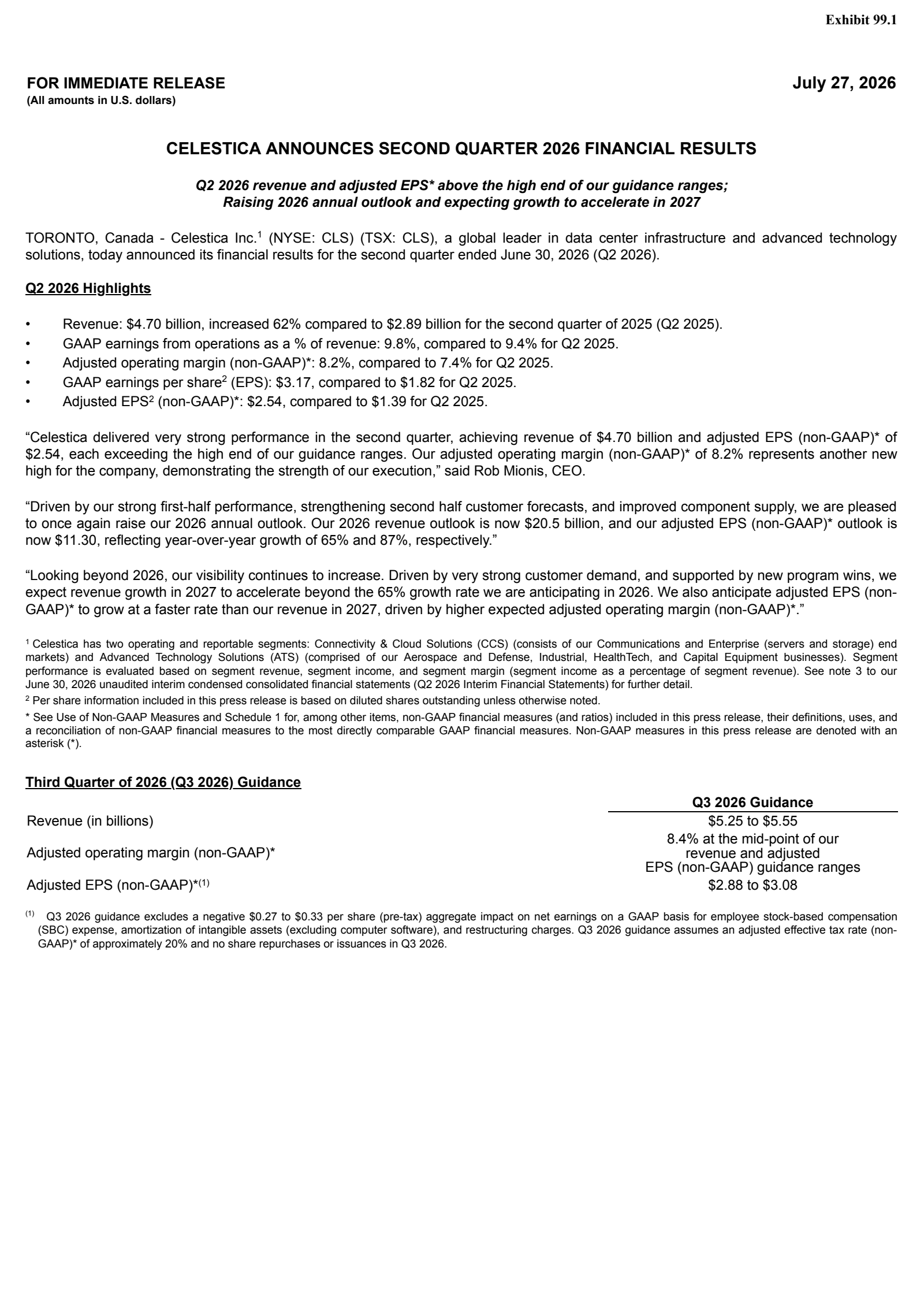 Celestica's Q2 2026 Press Release