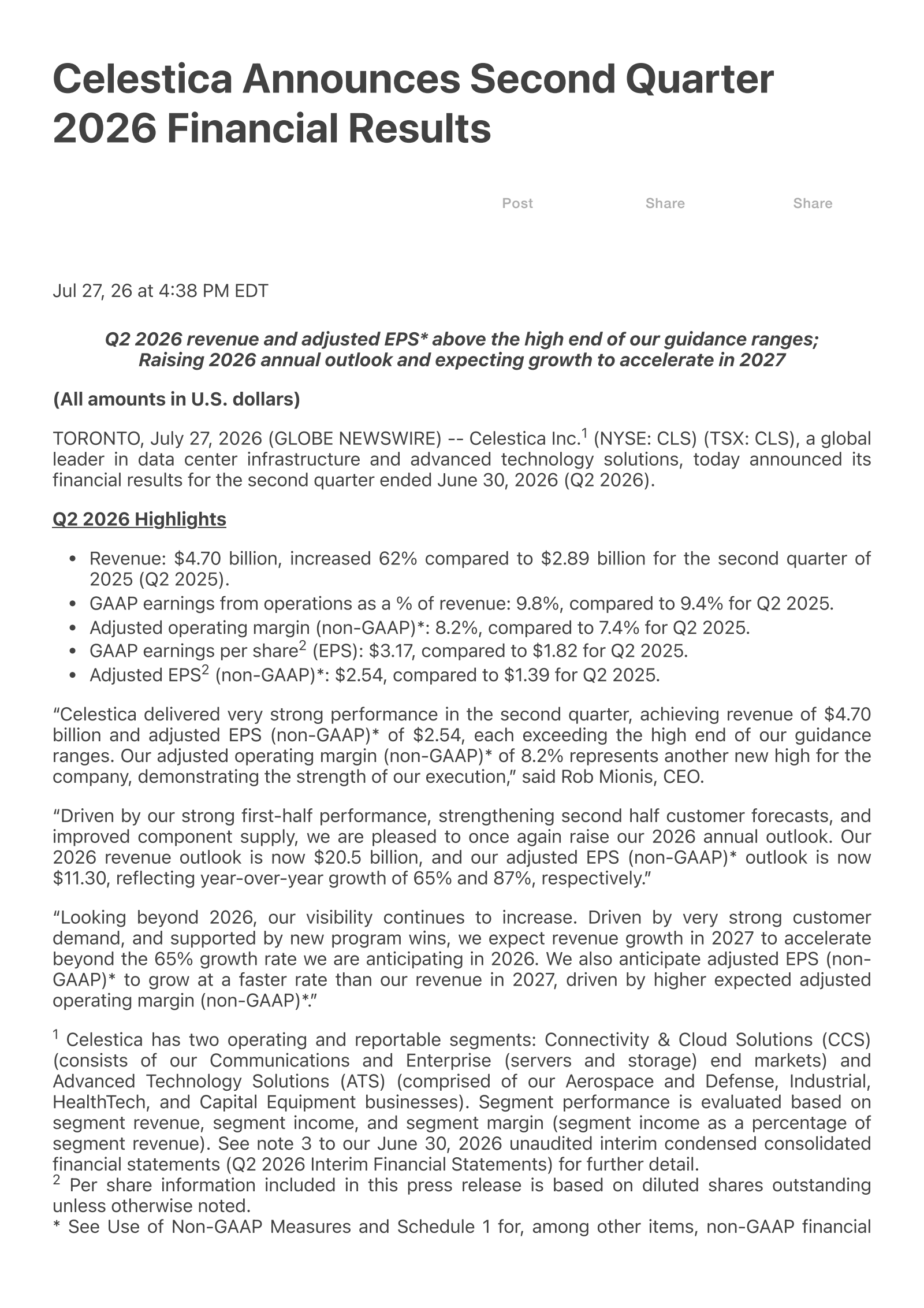 Celestica's Q2 2026 Press Release
