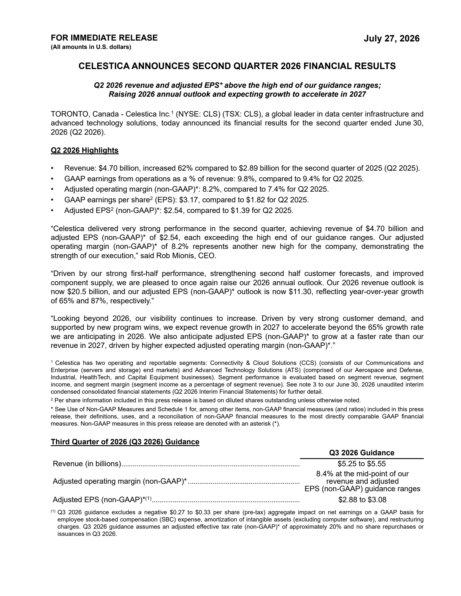 Celestica's Q2 2026 Press Release