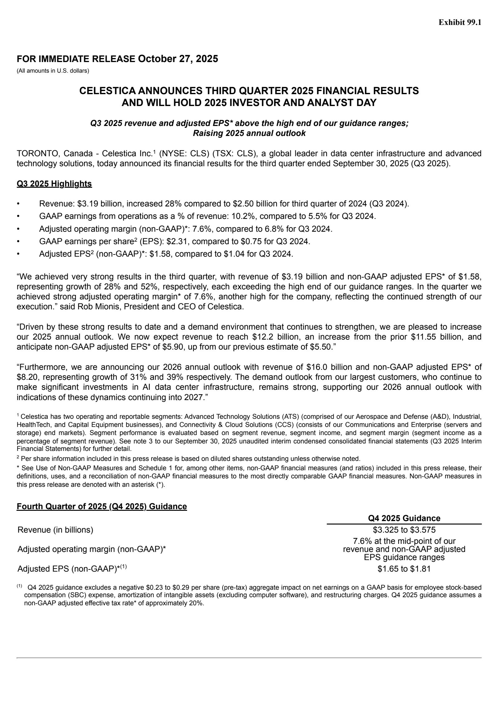 Celestica's Q3 & Investor and Analyst Day 2025 Earnings Release