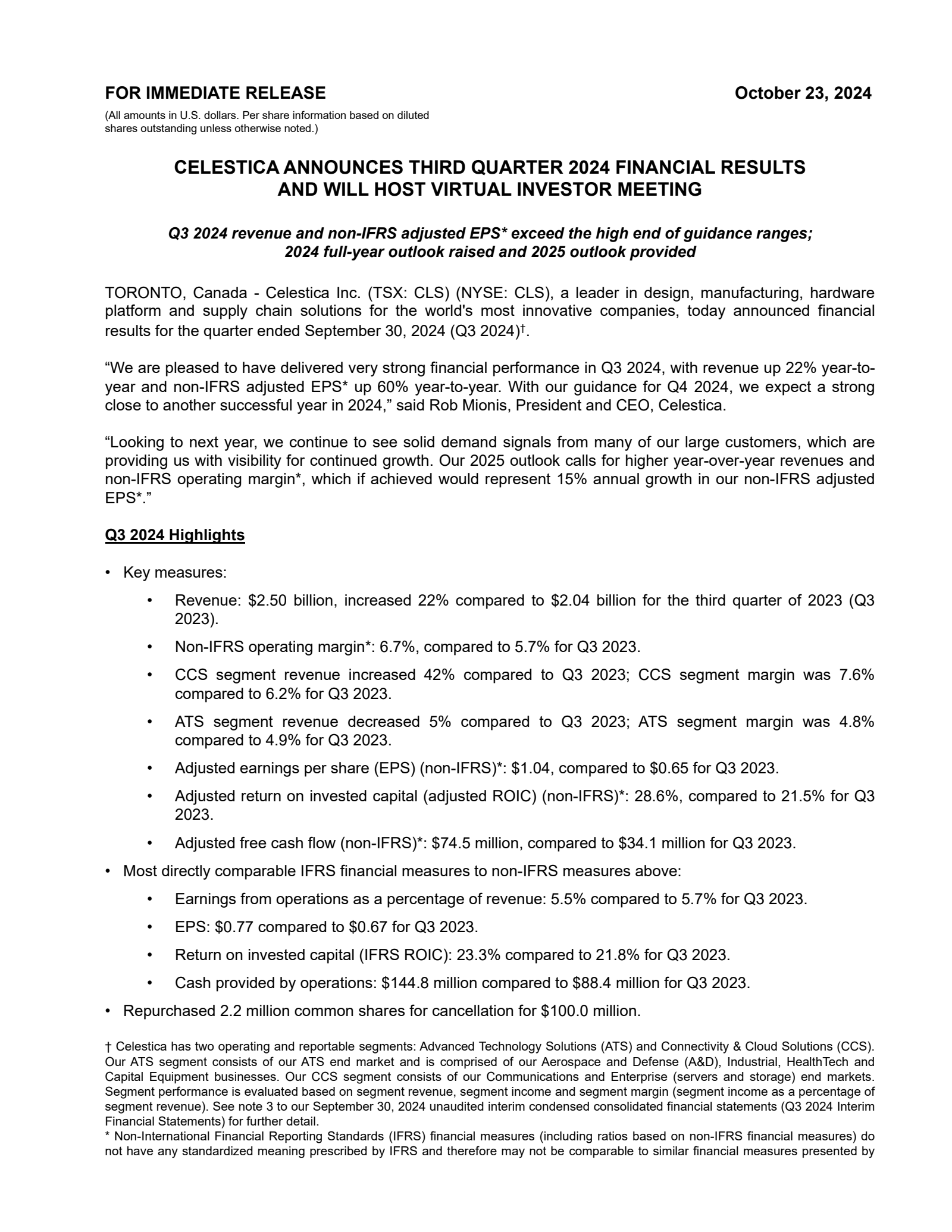 Celestica's Q3 2024 Press Release