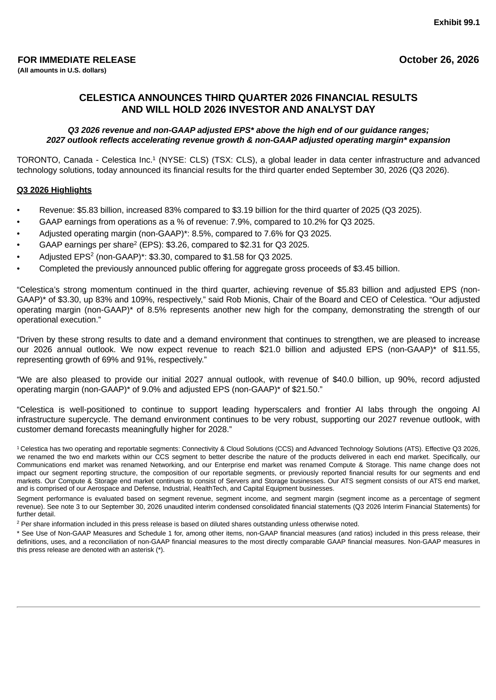 Celestica's Q3 2026 & Investor day 2026 Press Release