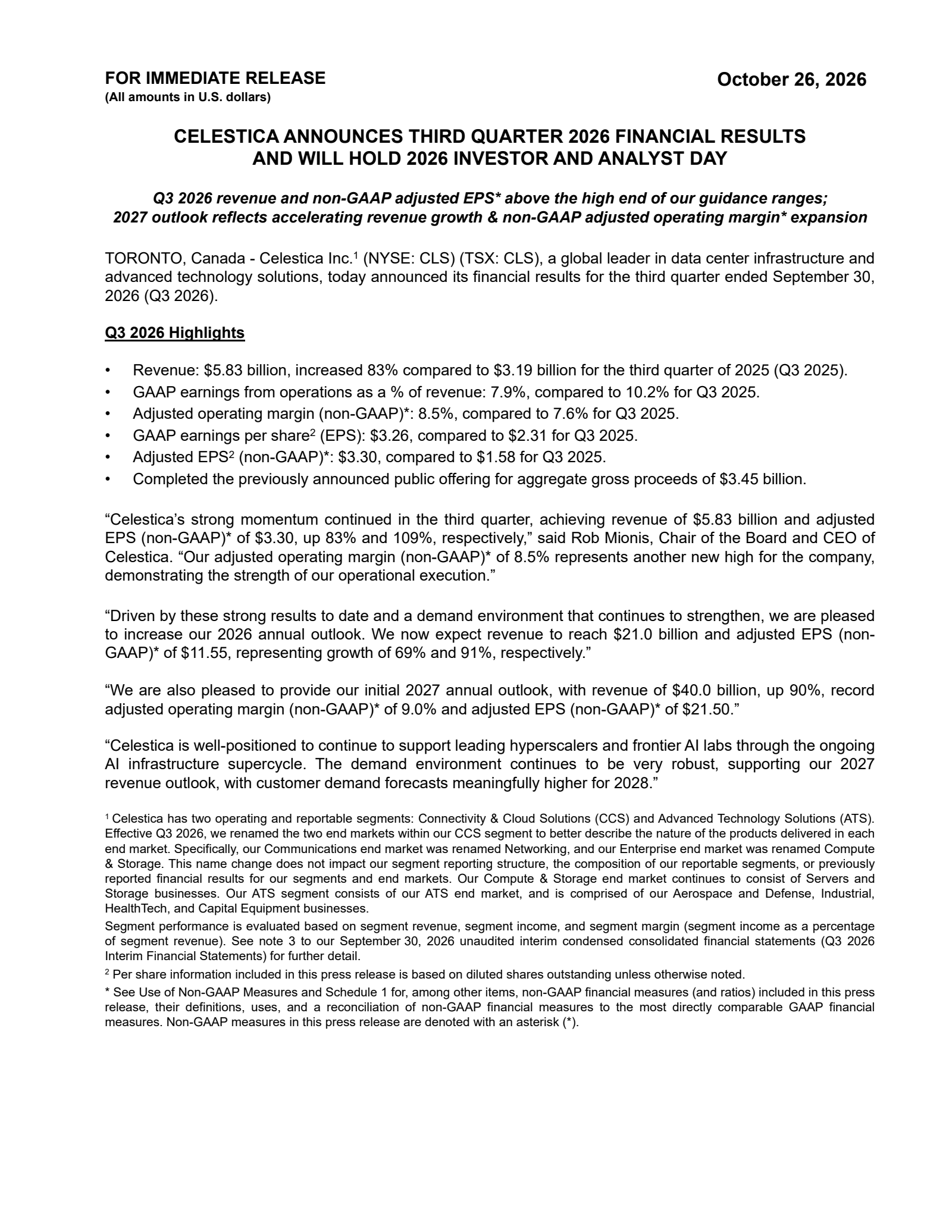 Celestica's Q3 2026 & Investor day 2026 Press Release