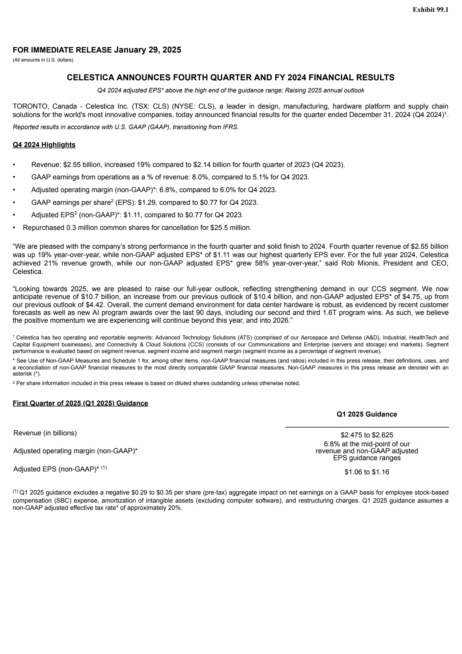 Celestica's Q4 2024 Press Release