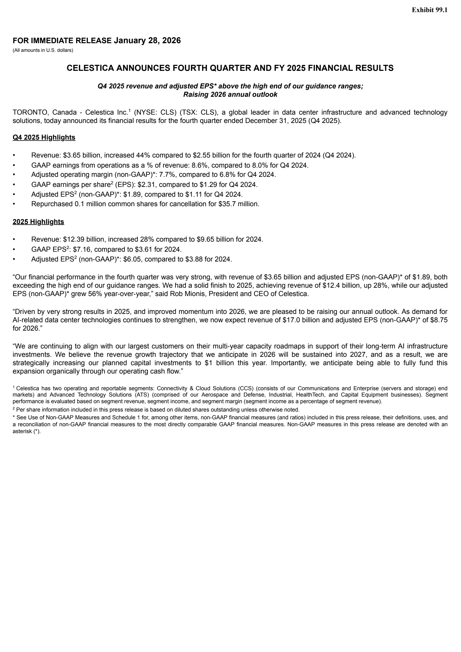 Celestica's Q4 2025 Press Release