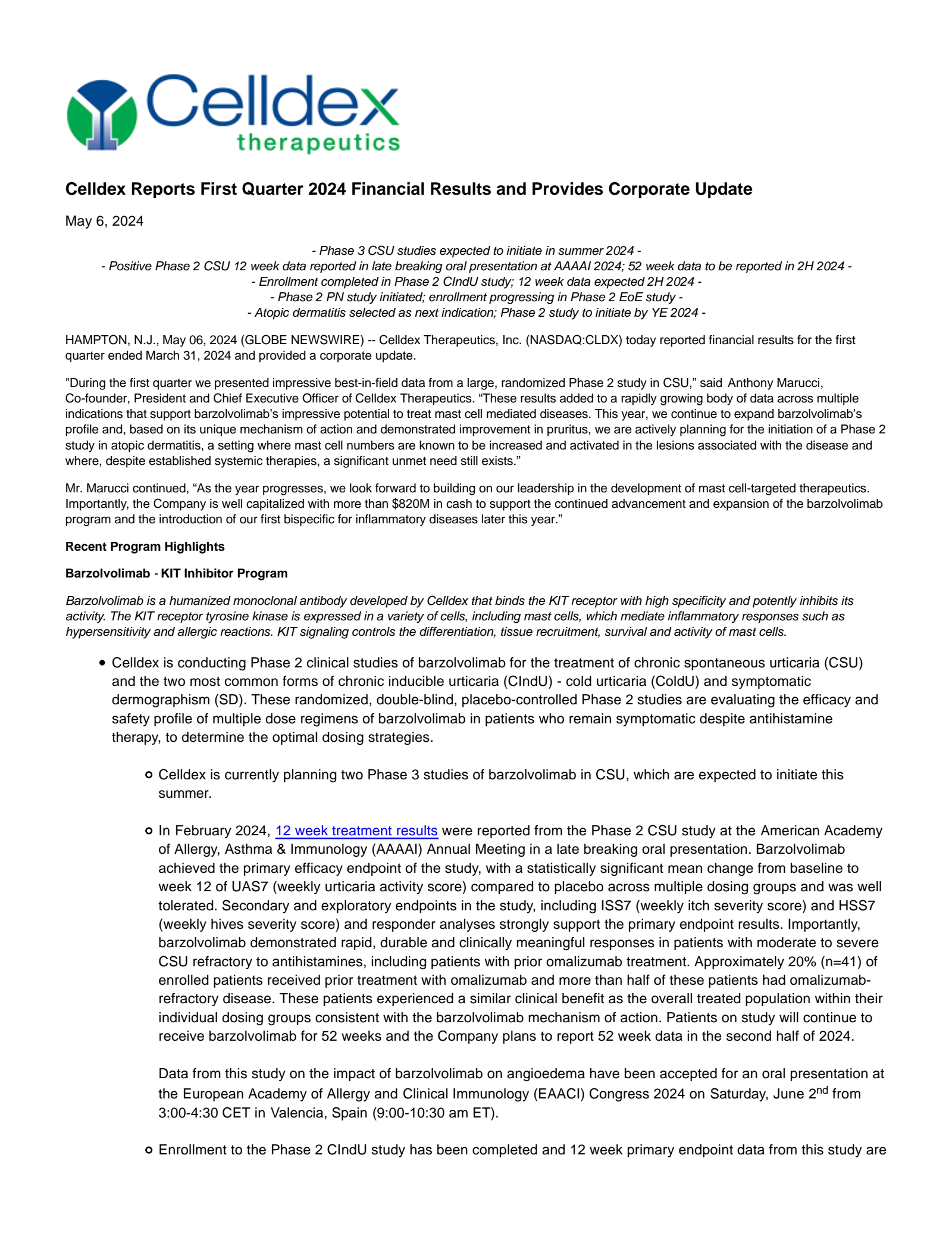 Celldex R CLDX Q1 2024 Earnings Report on 5/6/2024