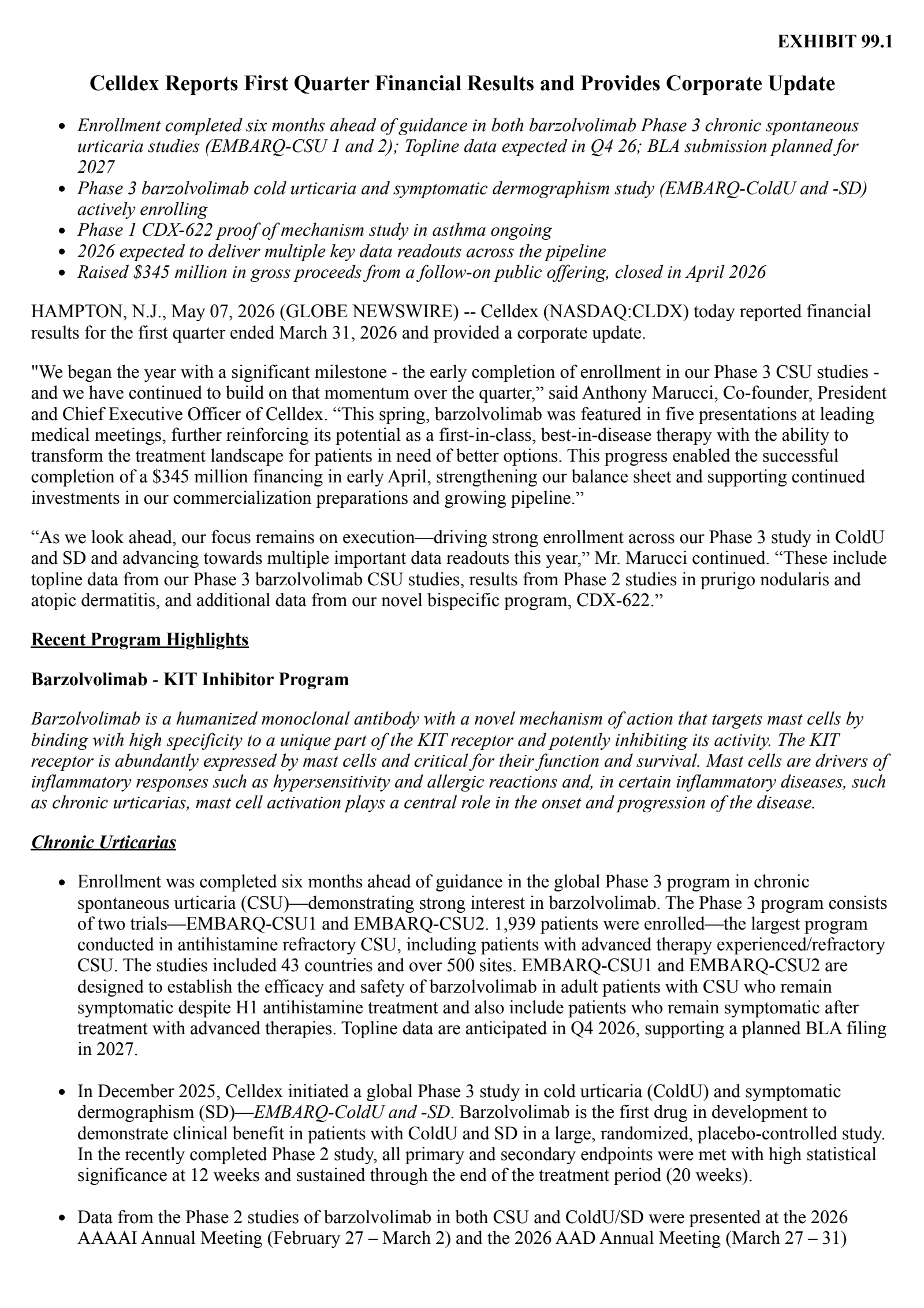 Celldex Therapeutics' Q1 2026 Press Release
