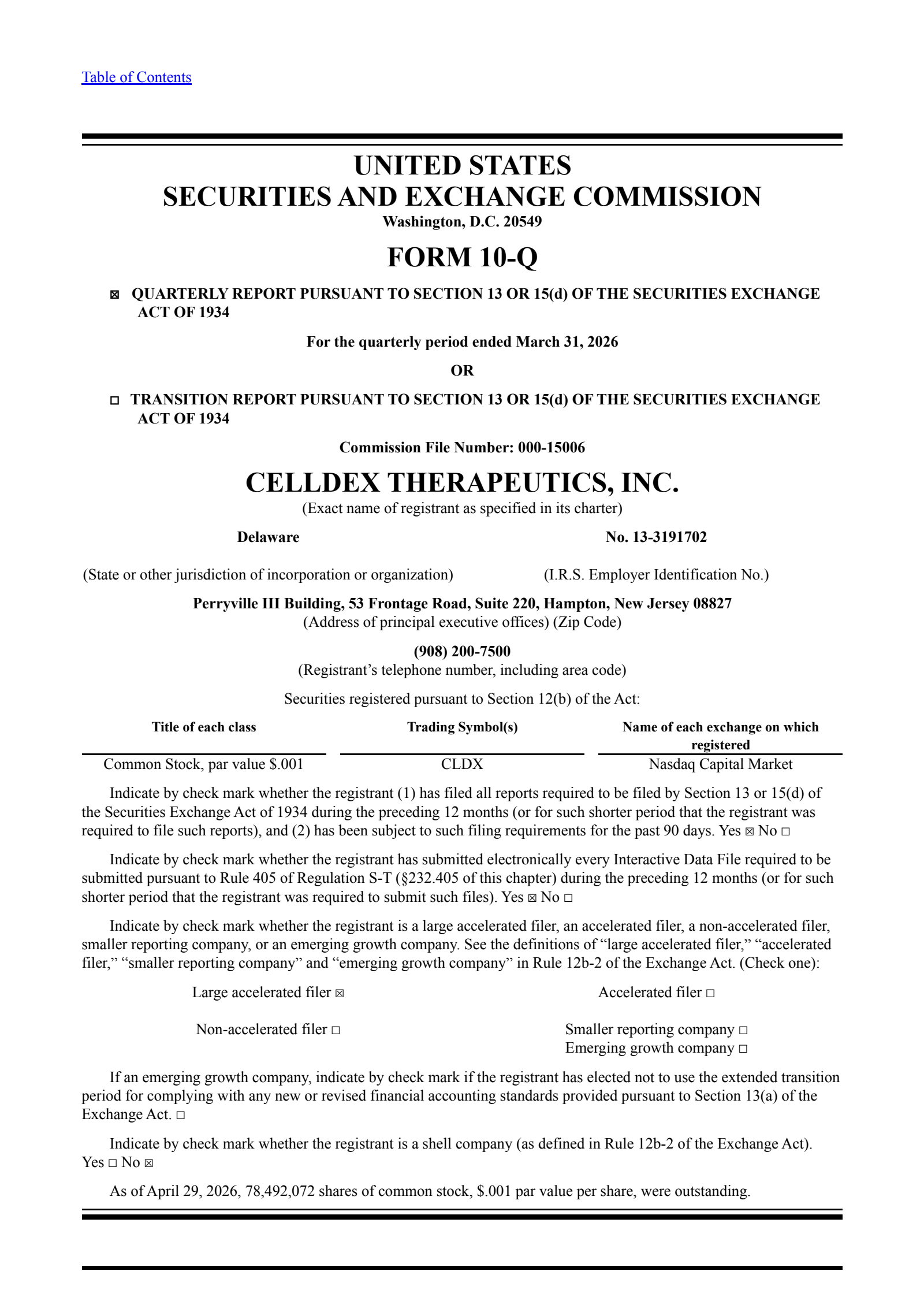 Celldex Therapeutics' Q1 2026 Quarterly report