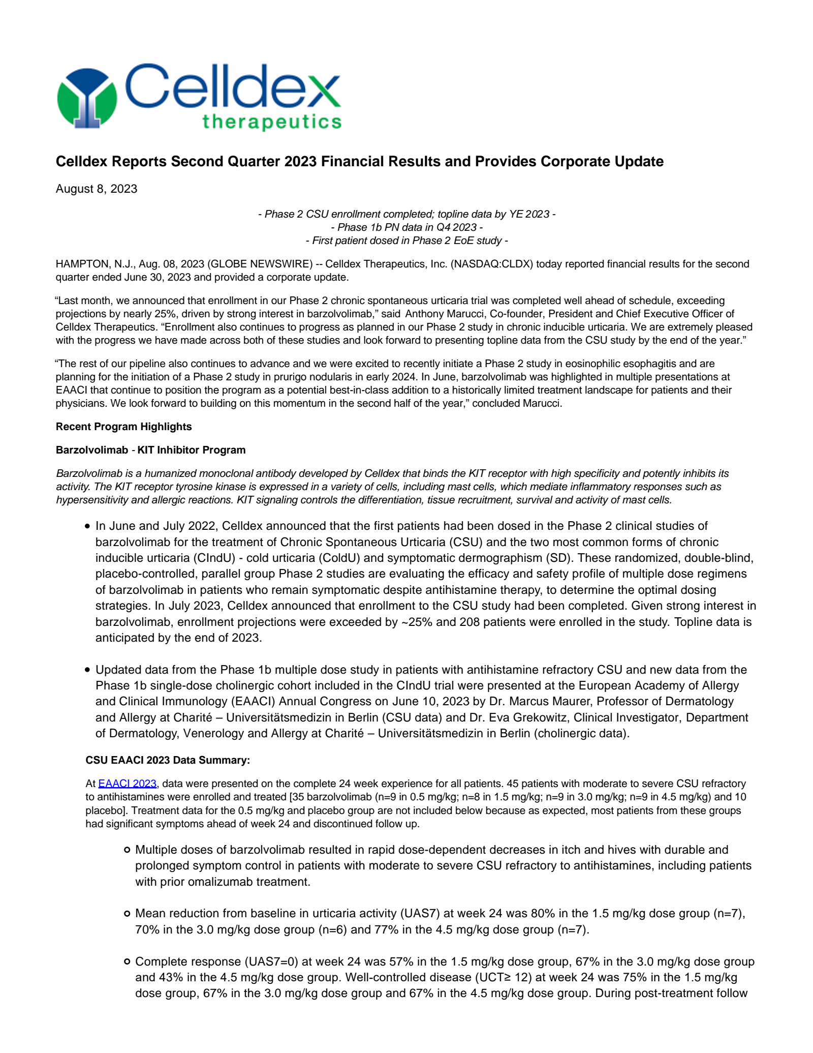 Celldex R CLDX Q2 2023 Earnings Report on 8/8/2023