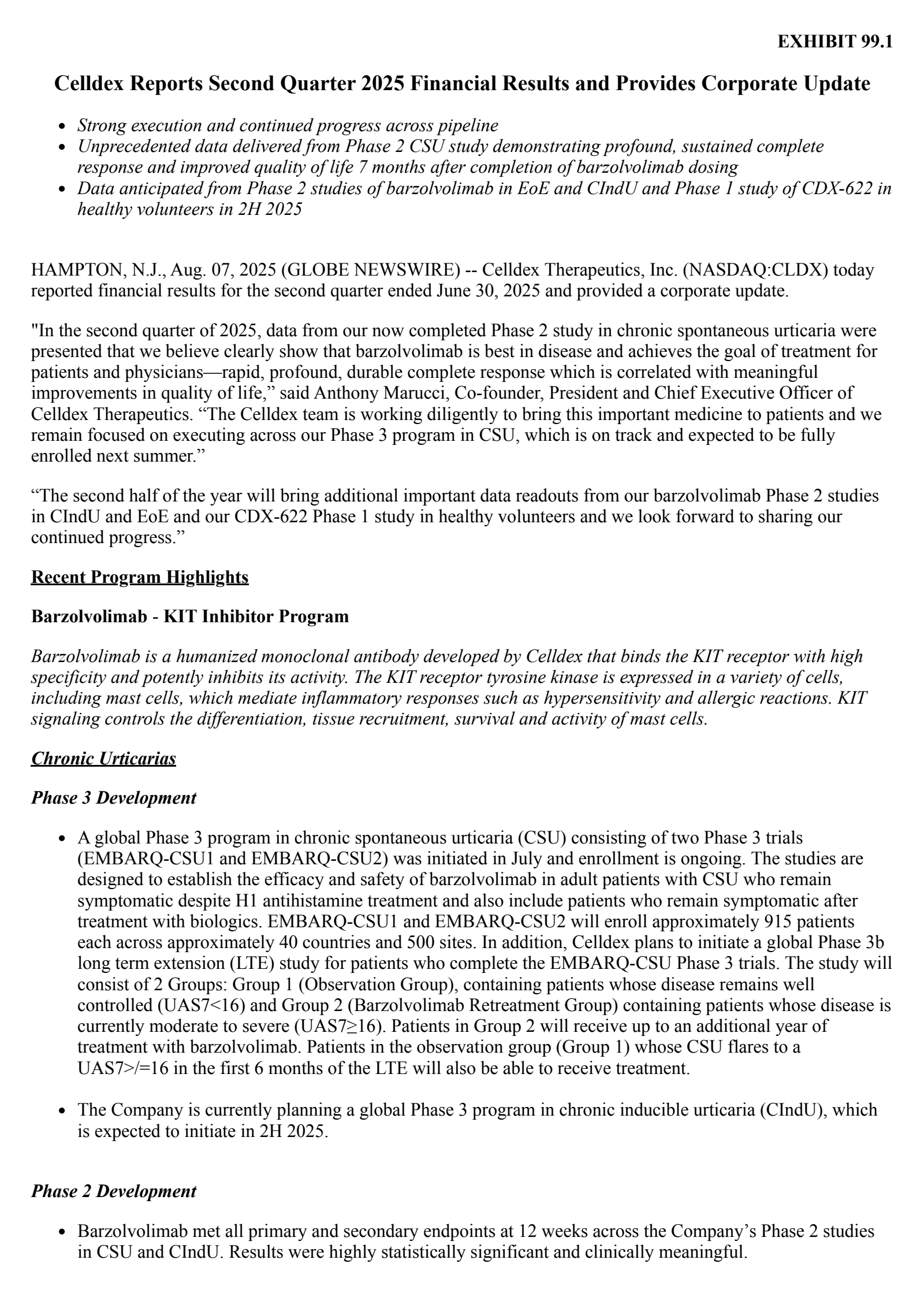 Celldex Therapeutics' Q2 2025 Press Release